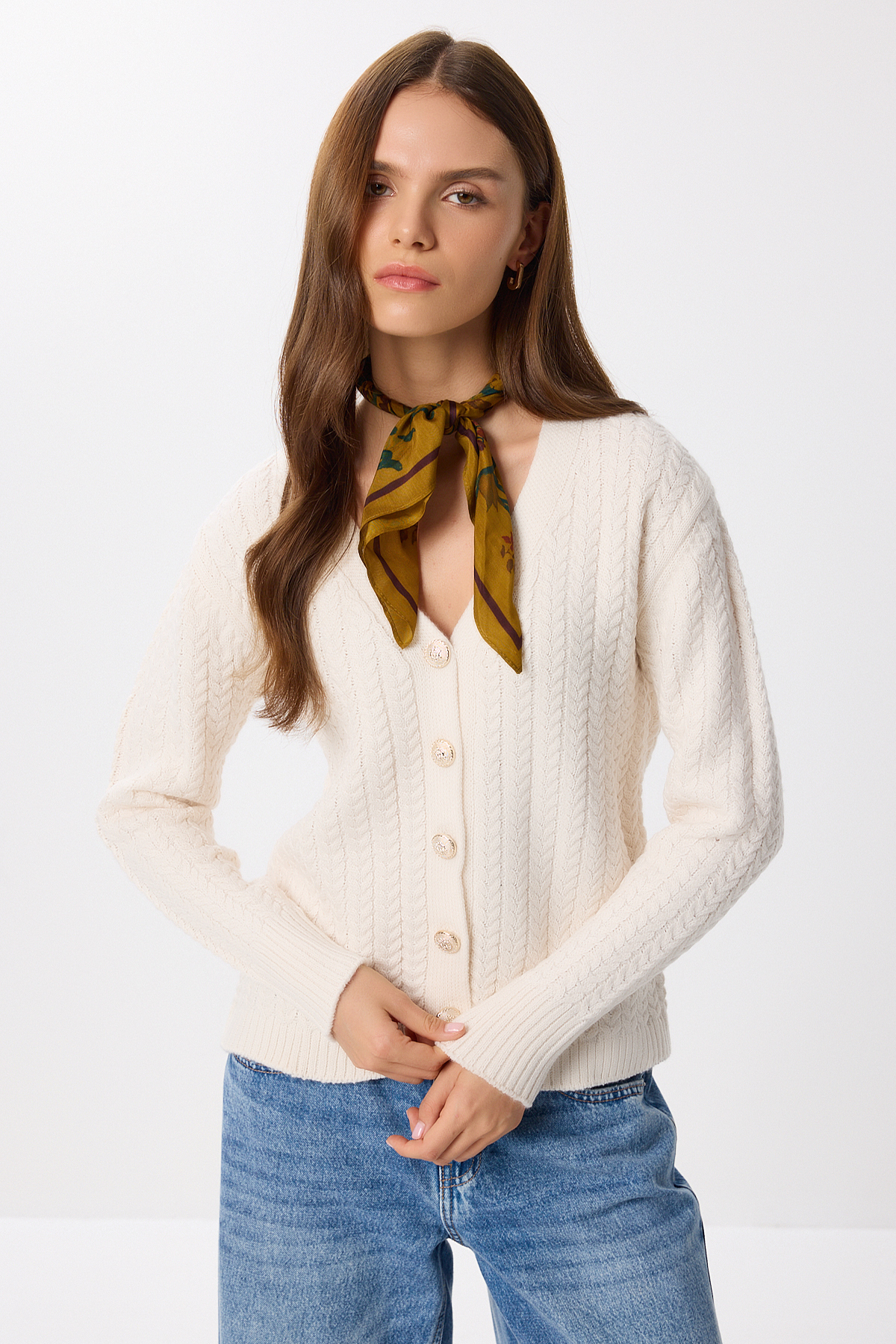 Lovelyİstanbul  Saç Örgülü Düğmeli Triko Hırka LNX0010 KREM - Görsel 2