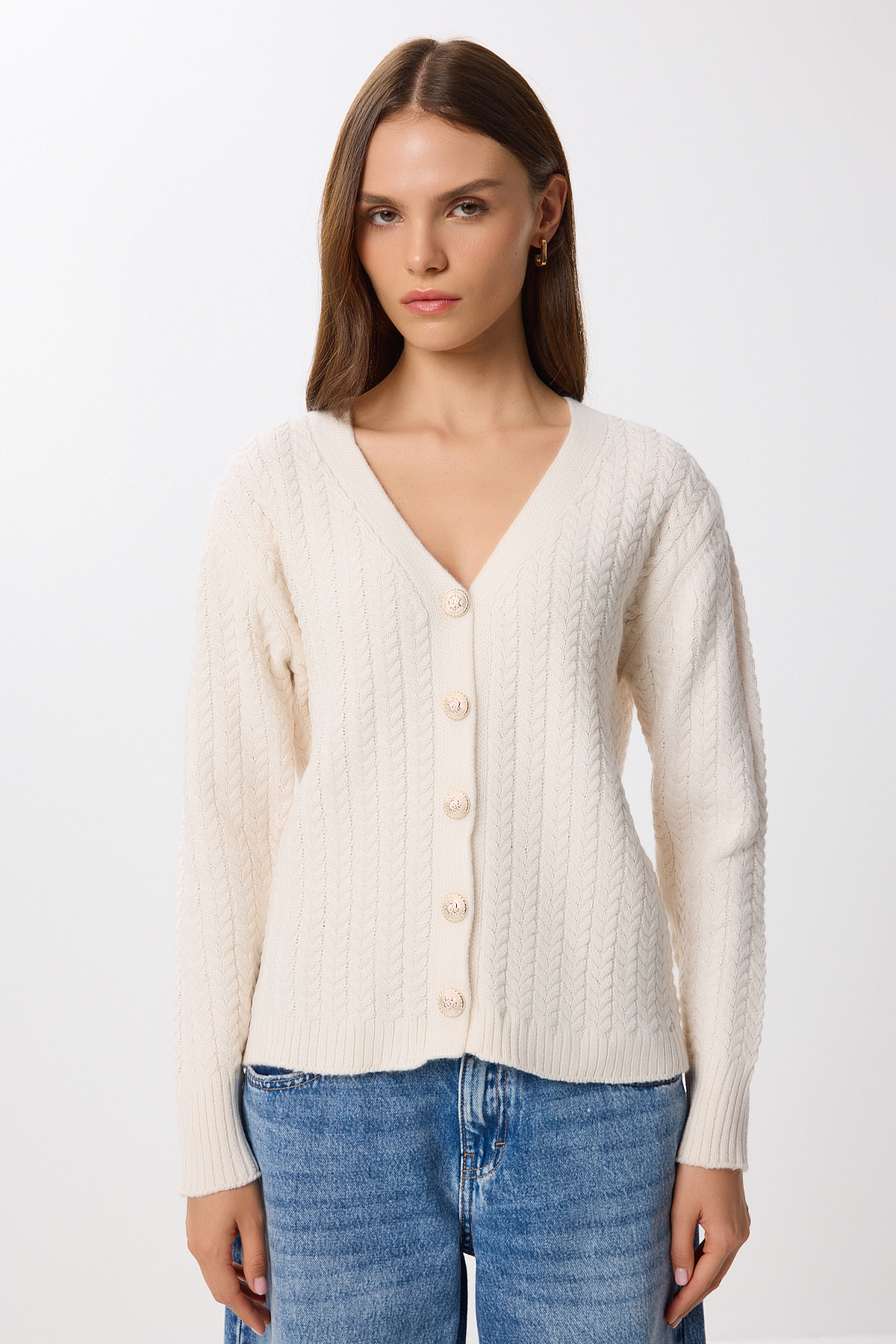 Lovelyİstanbul  Saç Örgülü Düğmeli Triko Hırka LNX0010 KREM - Görsel 4