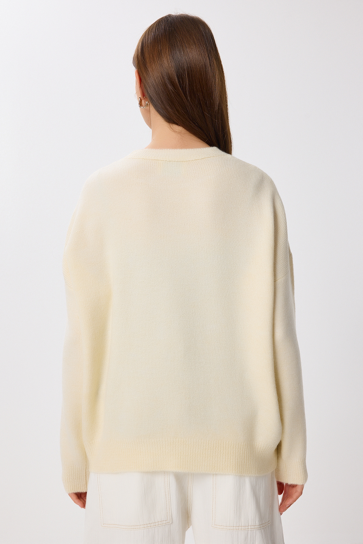 Lovelyİstanbul Çiçek Dokulu Oversize Triko Kazak LPF0113 KREM görsel 5
