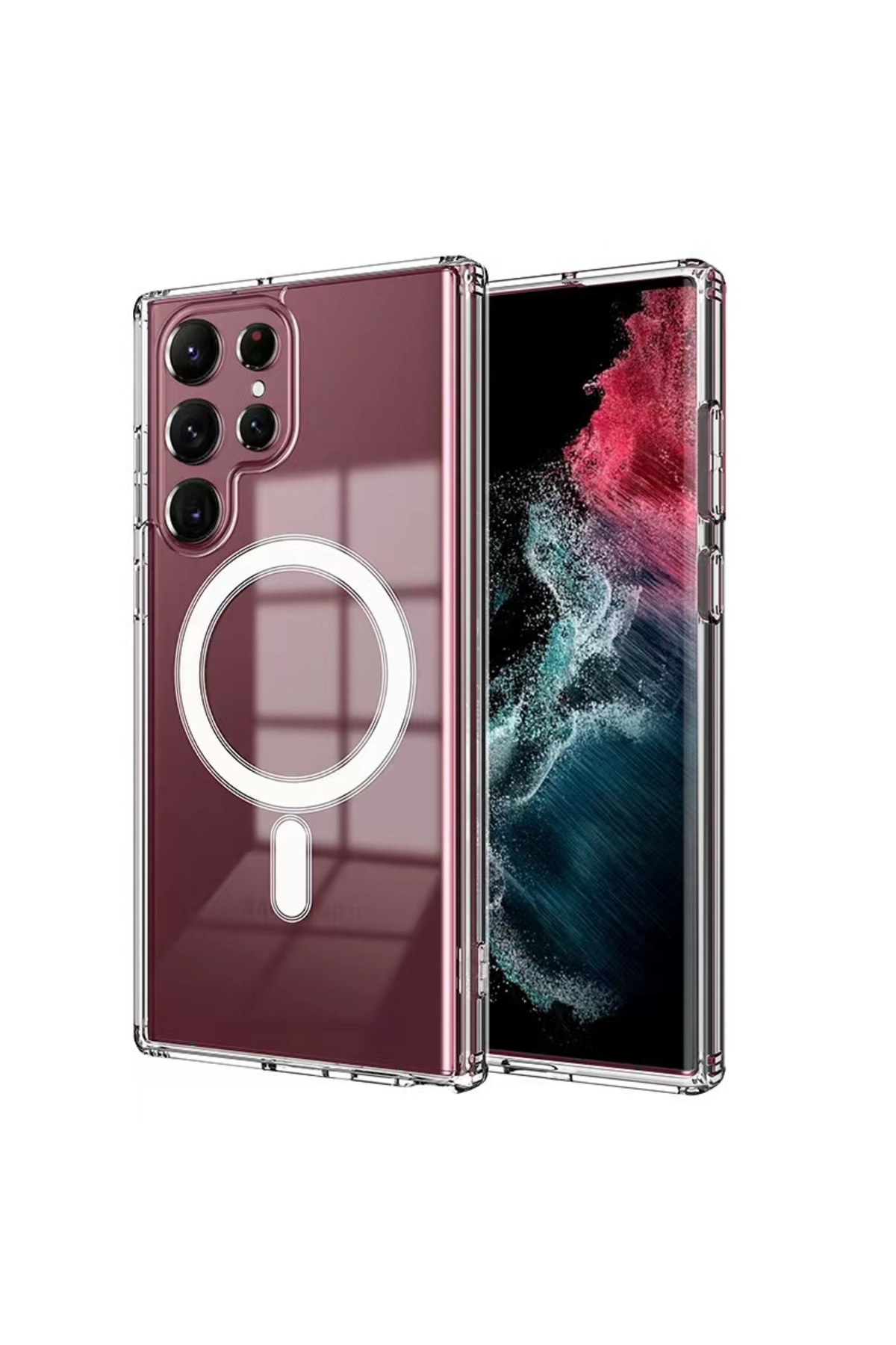 Galaxy S23 Ultra Uyumlu OMSY Magsafe Şarj Özellikli Şeffaf Sert PC OMSY Embos Kılıf-