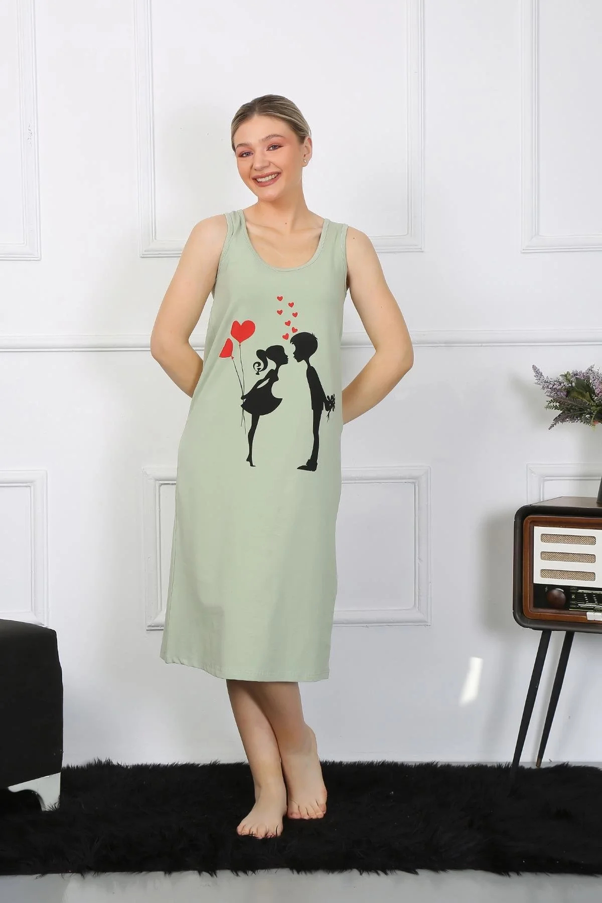 Nemere Kadın Kalın Askılı Penye Uzun Fıstık Yeşili Gecelik