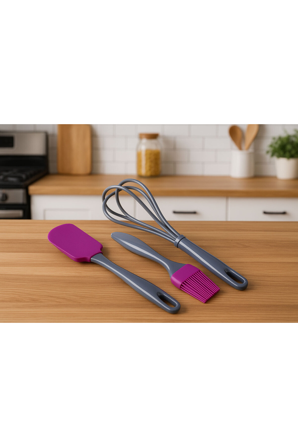 SİHİRLİ AYAKLAR 3'lü Pratik Mutfak Seti Sağlam Plastik Fırça-Spatula-Çırpıcı Fuşya