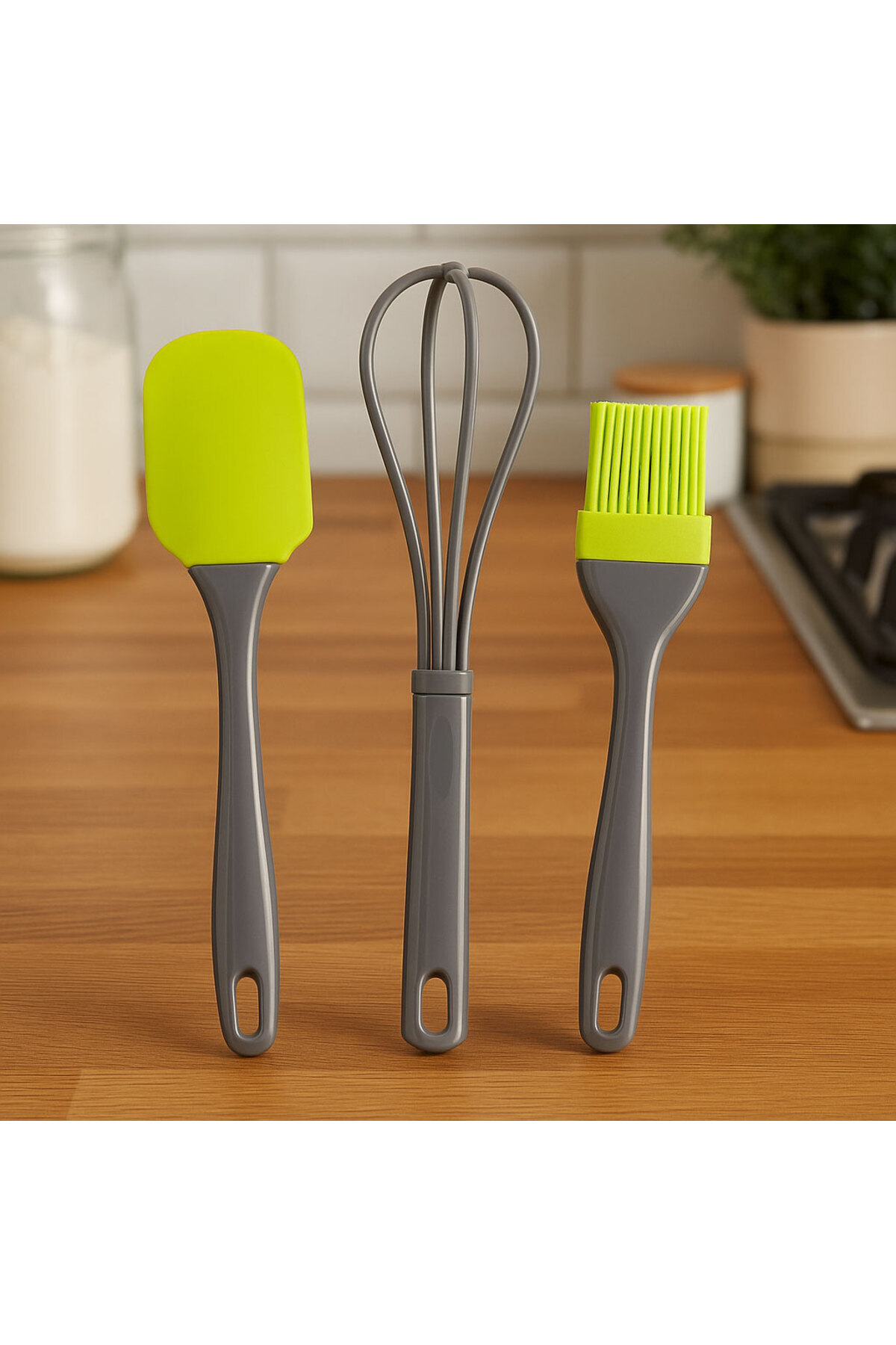 SİHİRLİ AYAKLAR 3'lü Pratik Mutfak Seti Sağlam Plastik Fırça-Spatula-Çırpıcı Yeşil