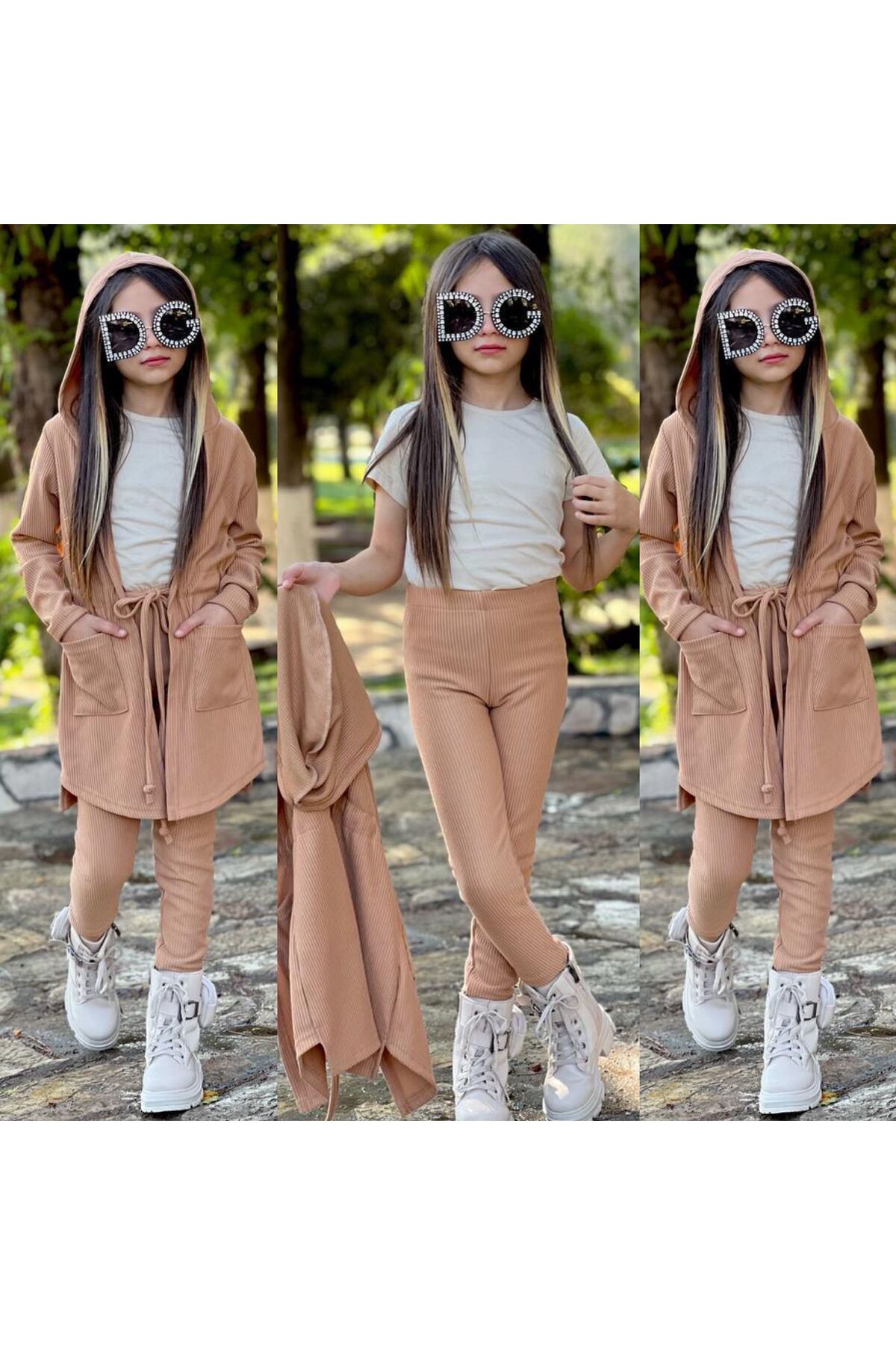 KOKOŞ BEBEK Kız Çocuk 3’lü Likralı Ottoman Takım – Kapşonlu Üst, Tayt & Badi / 2-12 Yaş Arası fotoğrafı 4 (önizleme)