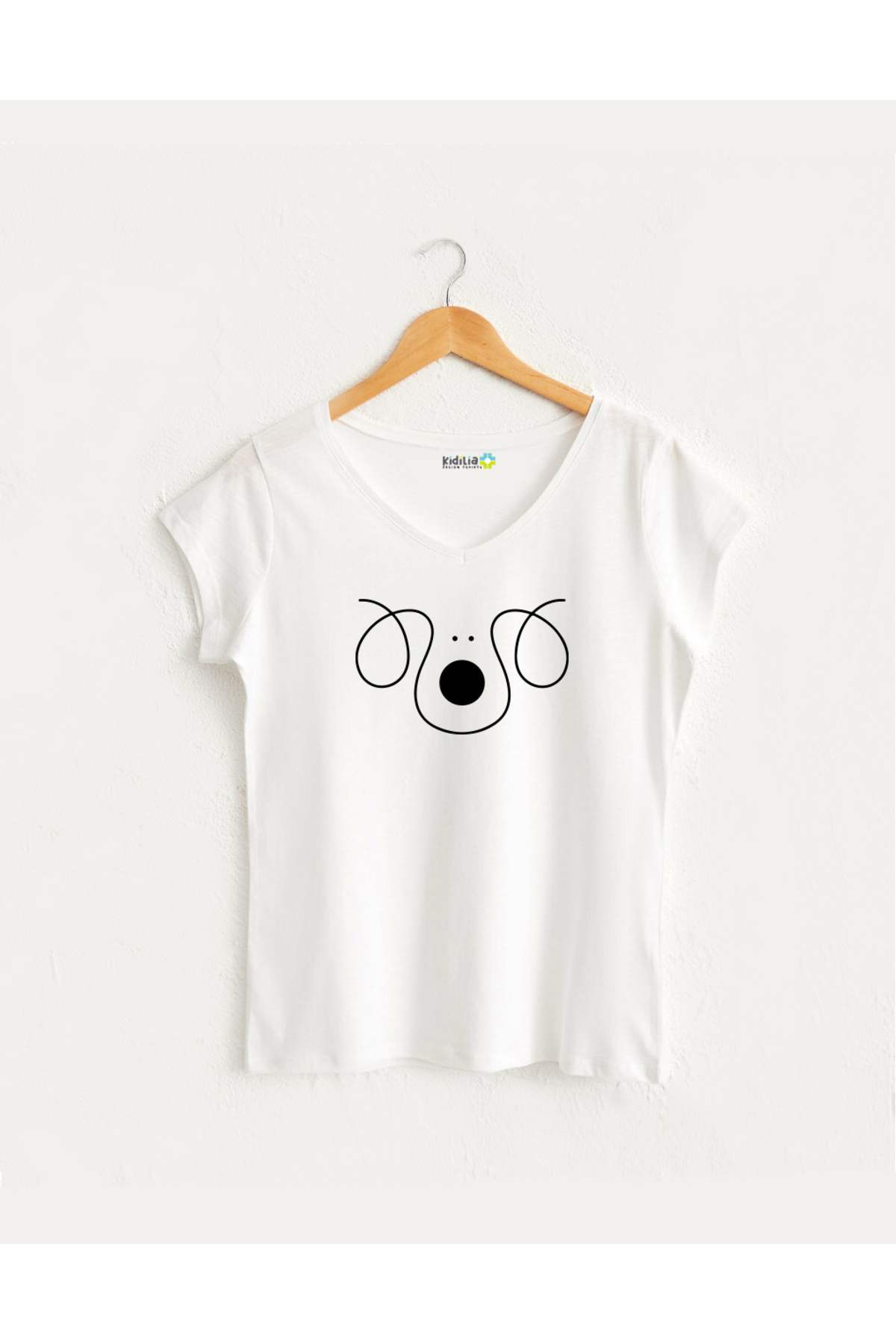Kidilia Çizgisel Köpek Görselli Kadın V yaka %100 Pamuklu Tasarım T-shirt