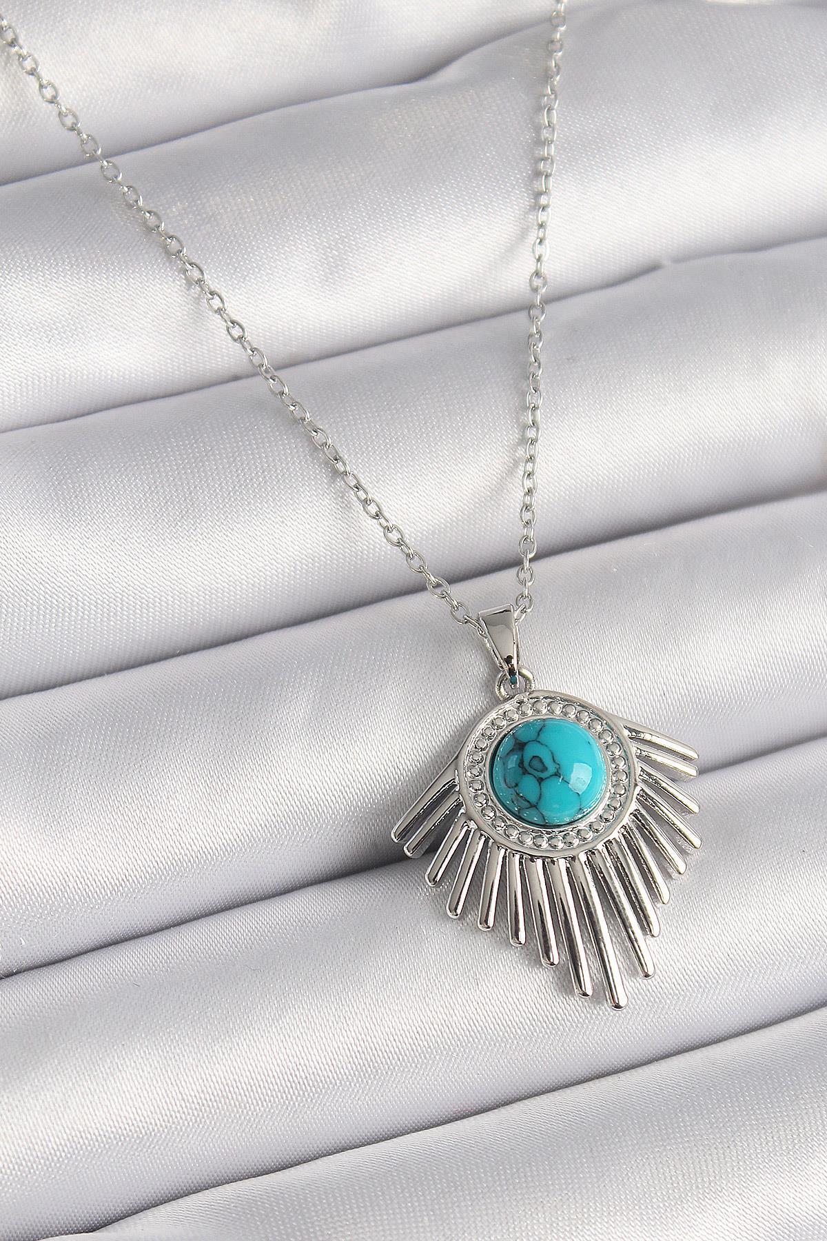 Inure Jewelry 316L Çelik Gümüş Renk Zincir Mavi Boncuklu Zirkon Taşlı Kadın Kolye Günlük Kullanım