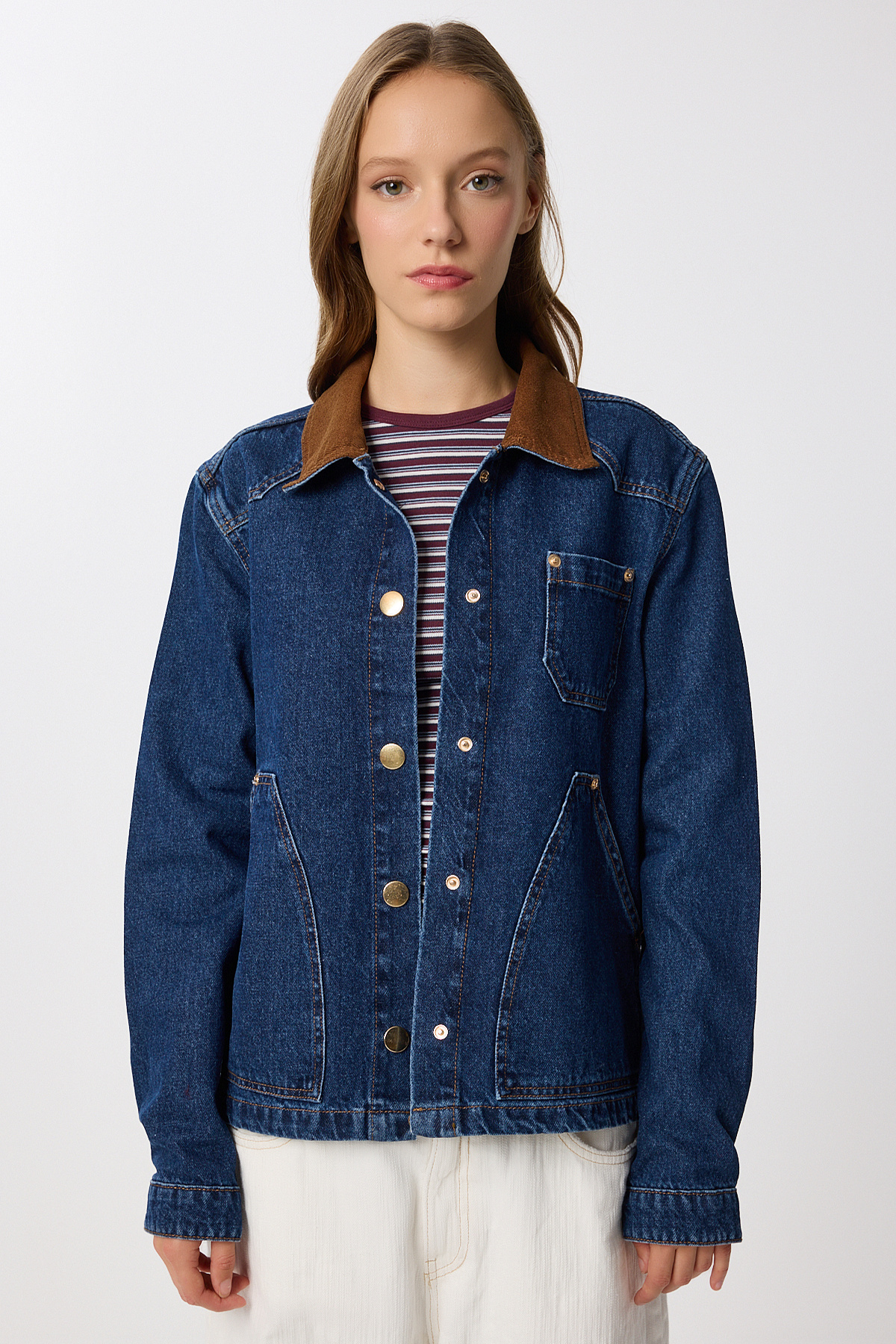 Lovelyİstanbul  Kadife Yaka Denim Ceket LRW0003 KOYU MAVİ - Görsel 3