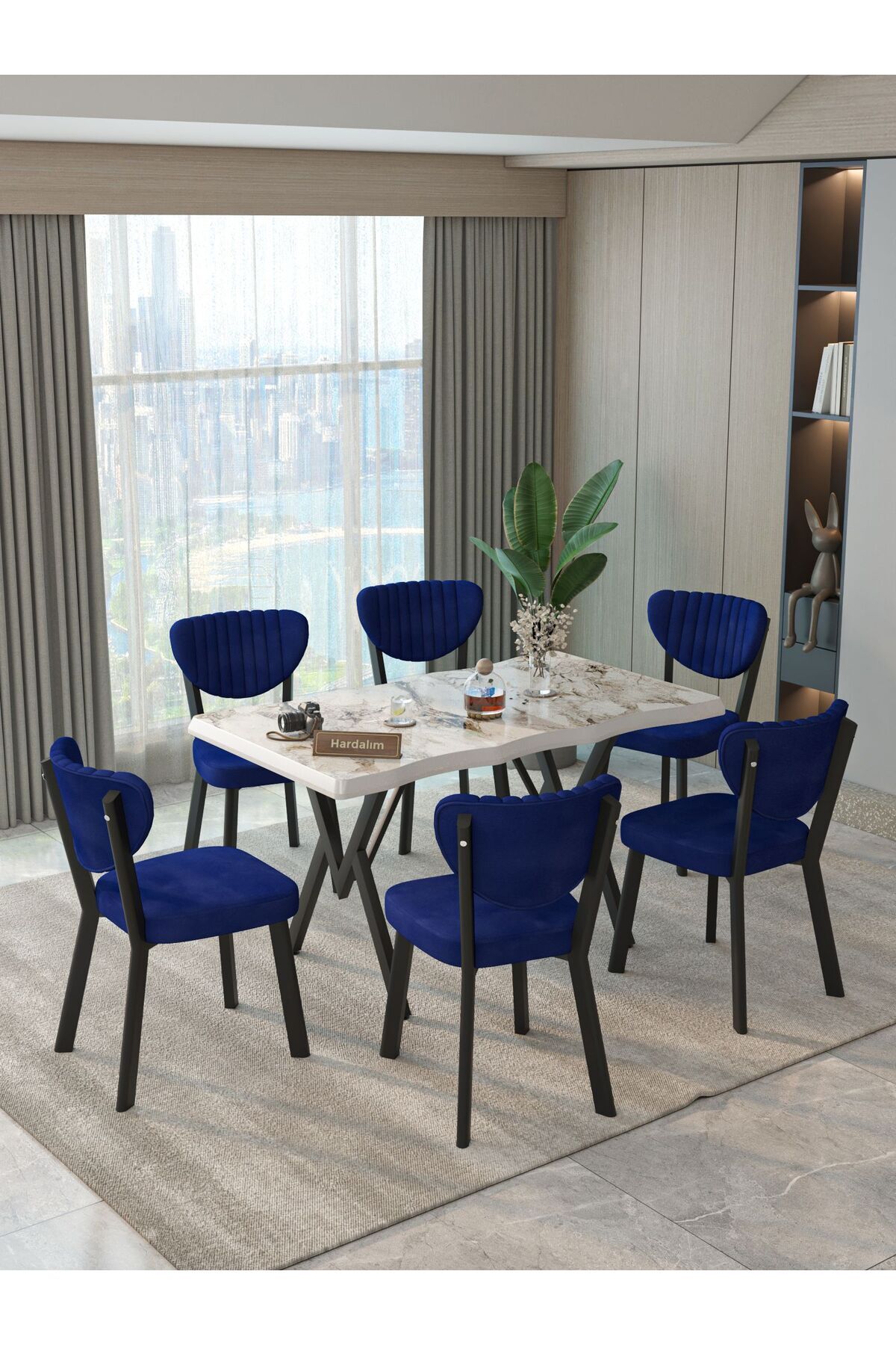 Hardalım Consept Mdf Kütük Masa 140x80 Elma Sandalye 6 Adet Babyface Kumaş Mutfak Masası Yemek Masası