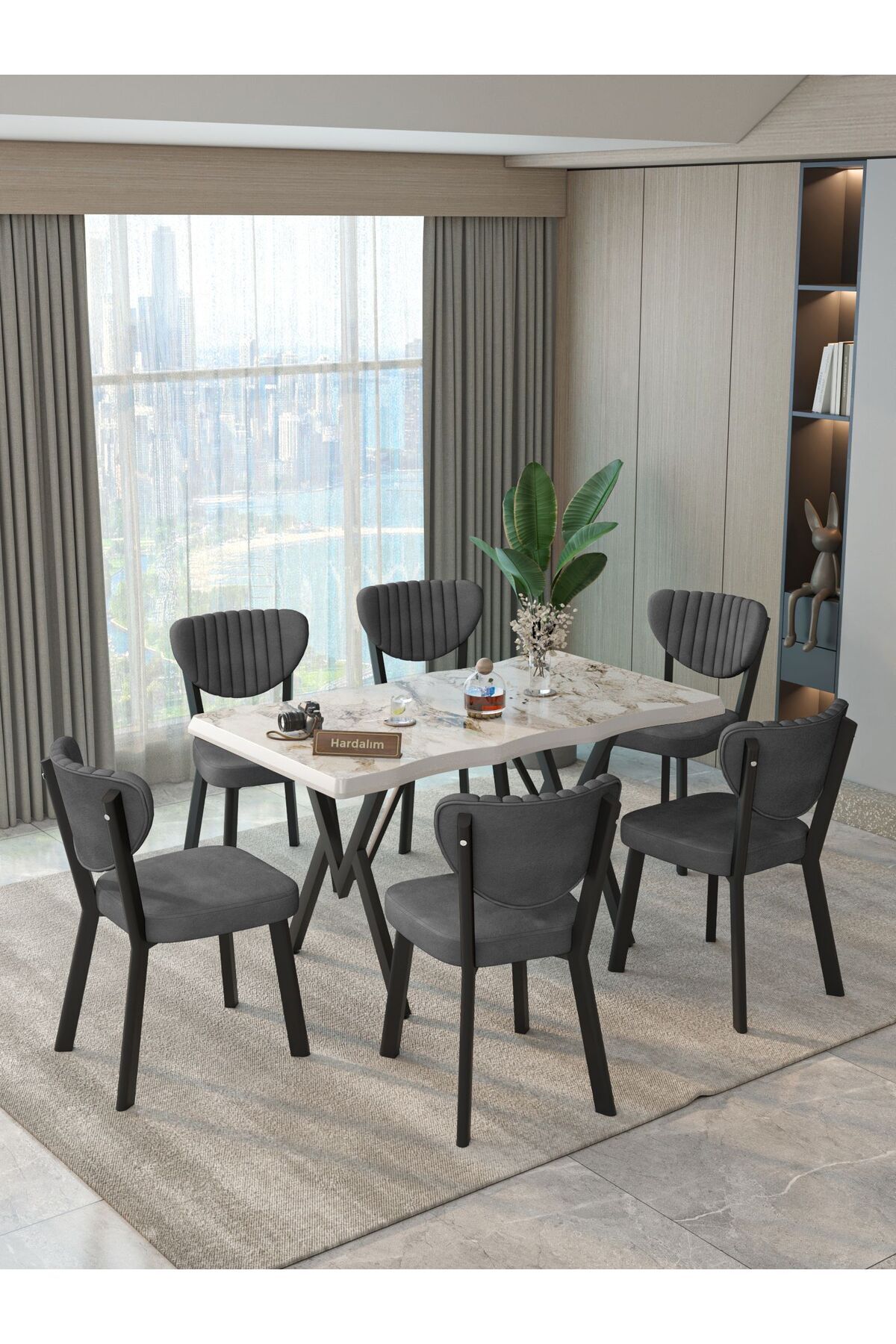 Hardalım Consept Mdf Kütük Masa 140x80 Elma Sandalye 6 Adet Babyface Kumaş Mutfak Masası Yemek Masası