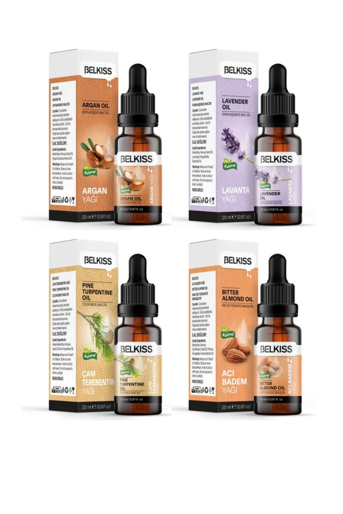 Belkıss Değerli yağlar Acıbadem yağı 20 ml, Argan yağı 20 ml, çam terebentin yağı 20 ml, lavanta yağı 20 ml