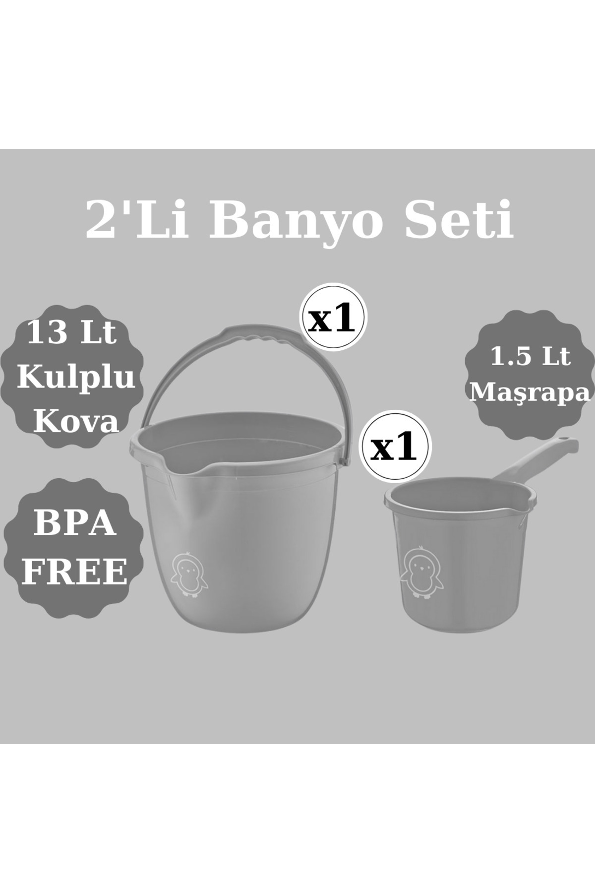 PONÇİK STORE 2'li Bebek Banyo Seti - Figürlü Banyo Su Kovası - Maşrapa - Gri fotoğrafı 4 (önizleme)