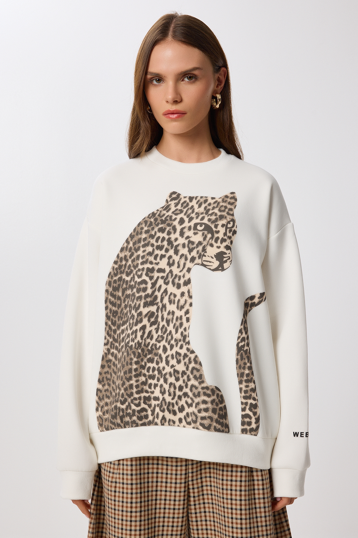 Lovelyİstanbul Leopar Baskılı Oversize Şardonlu Örme Sweatshirt LAN0068 KEMİK görsel 3