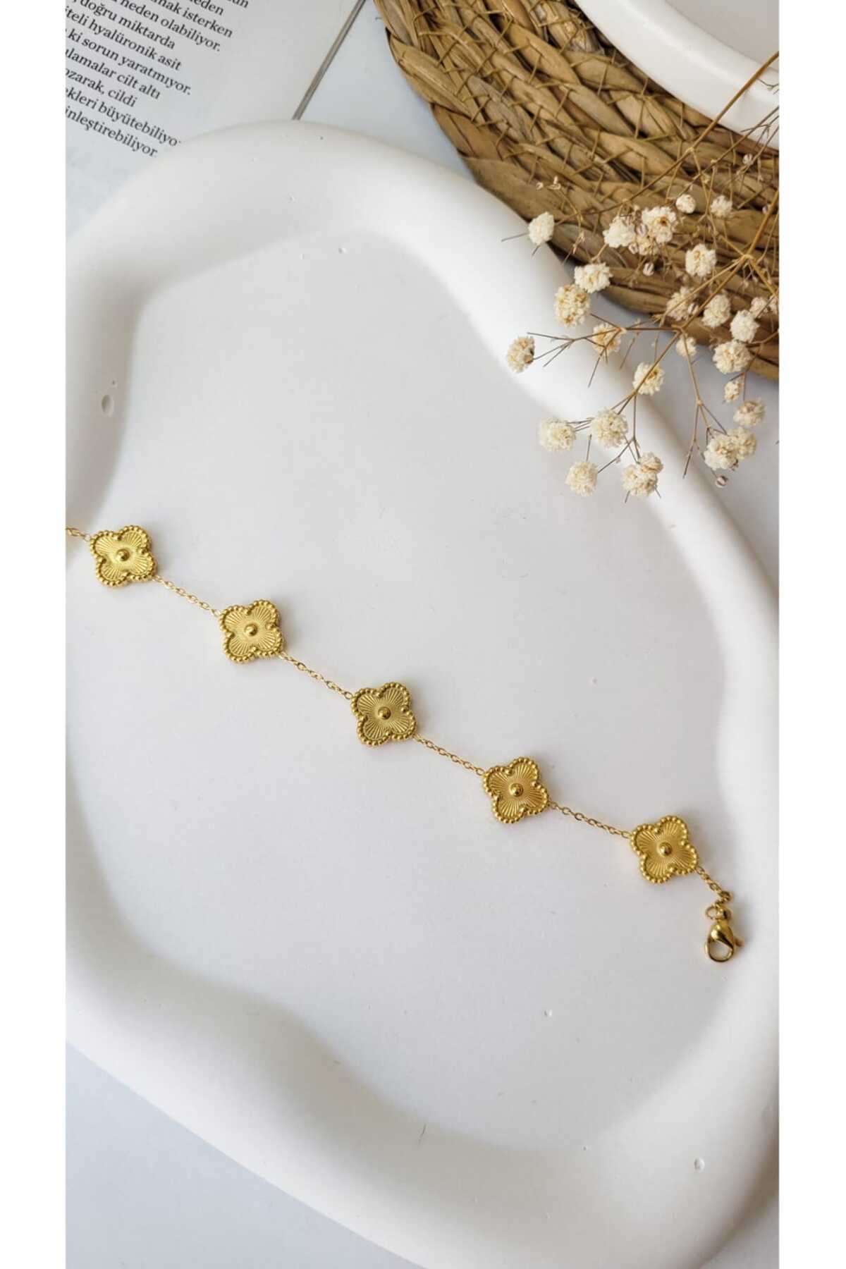 ASD TAKI Gold Renk 4 Yaprak Yonca Şans Çelik Bileklik