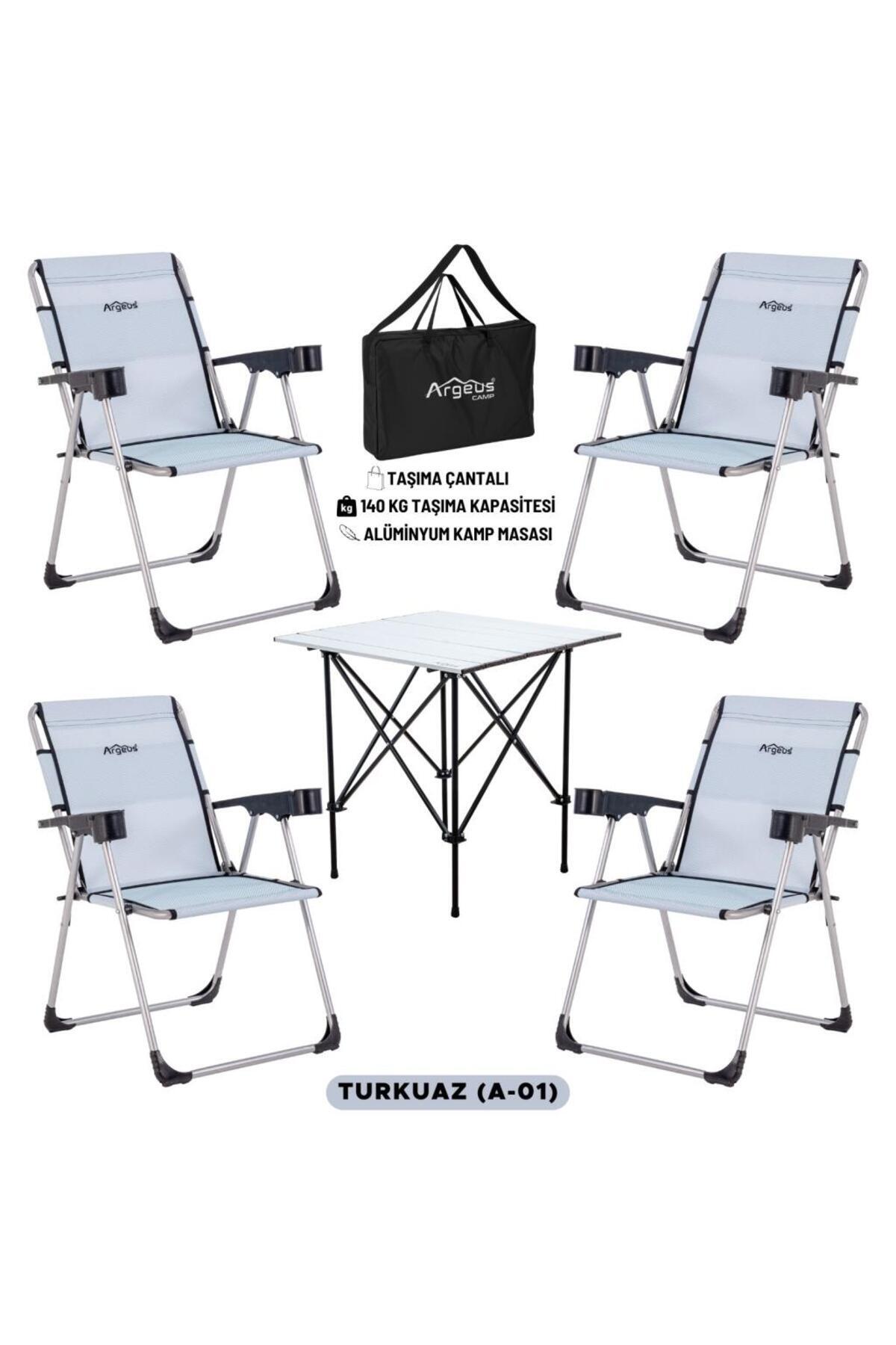 ARGEUS 4 Adet Katlanır Kamp Sandalyesi ve Alüminyum Masa Seti - Rock Silver - Turkuaz - Taşıma Çantalı