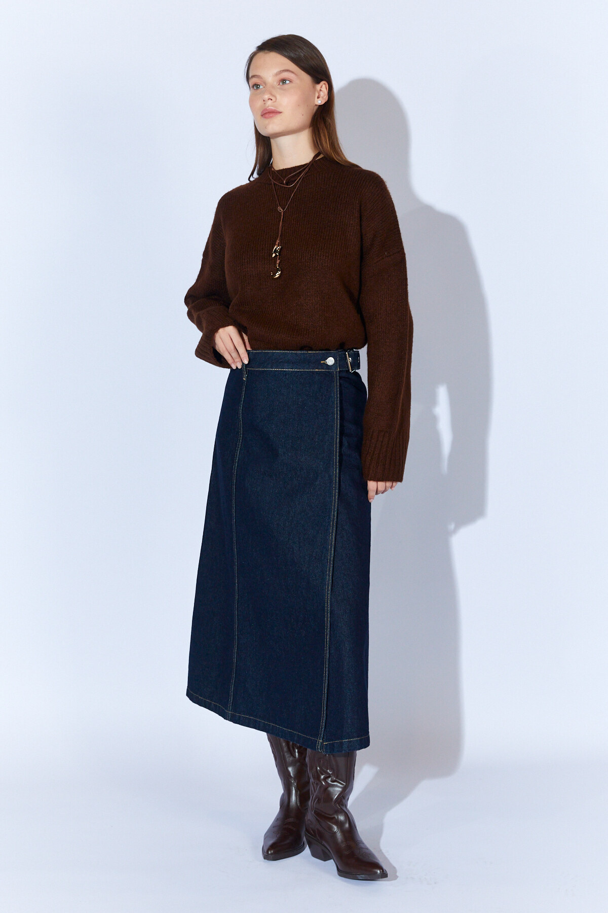 Rins Yıkama Yarım Kemerli Anvelop Rins Yıkama Midi Denim Etek | MKW295320-01