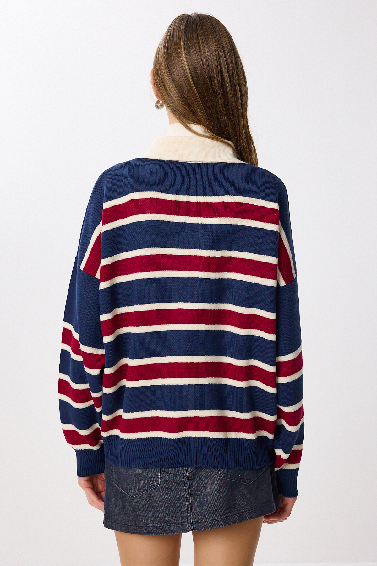 Lovelyİstanbul  Polo Yaka Çizgili Triko Kazak LMW0024 LACİVERT BORDO - Görsel 6