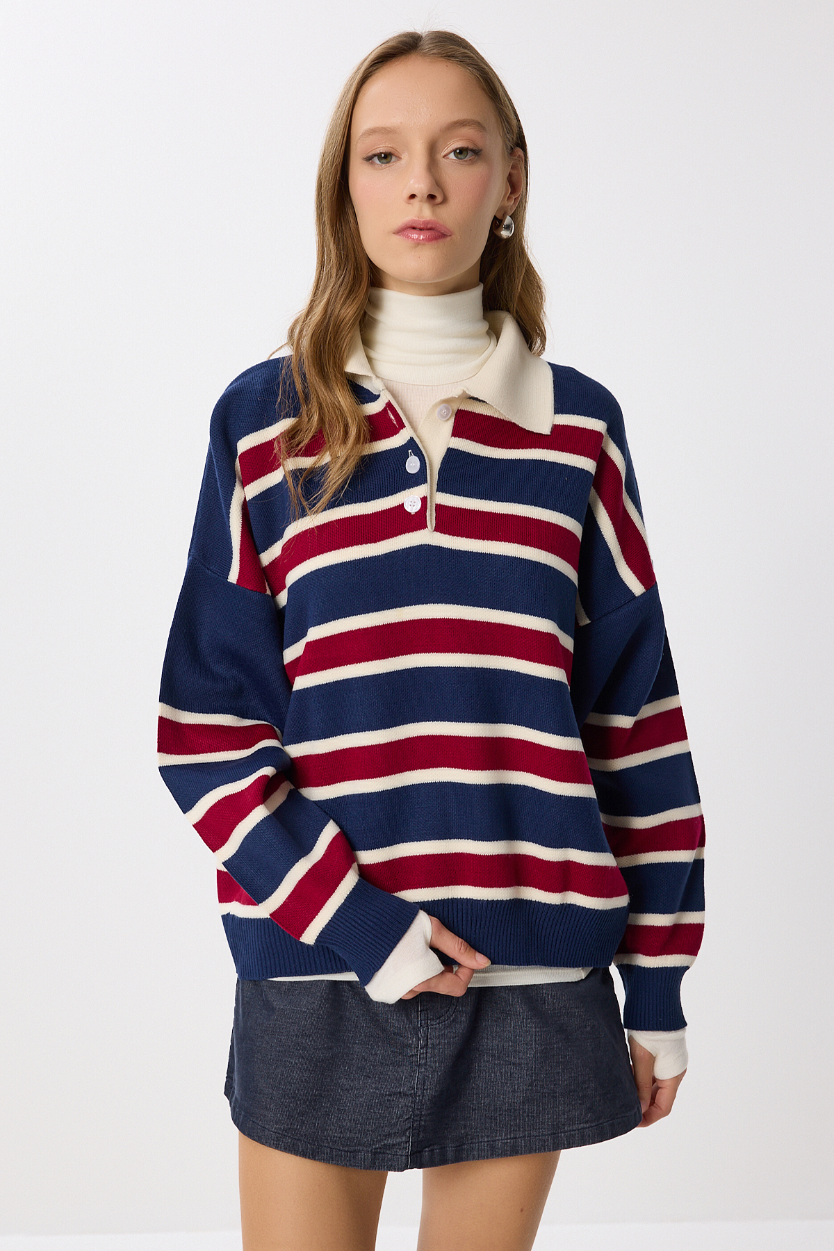 Lovelyİstanbul  Polo Yaka Çizgili Triko Kazak LMW0024 LACİVERT BORDO - Görsel 3