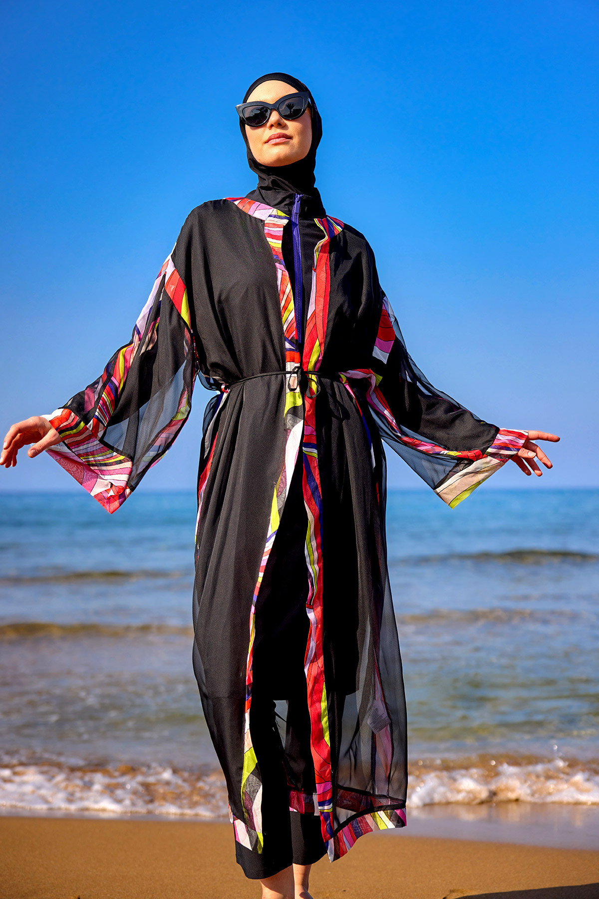 Marina Swimwear Siyah Minimal Tül Kimono – Hafif File Kumaş, Kuşaklı Pareo P2514