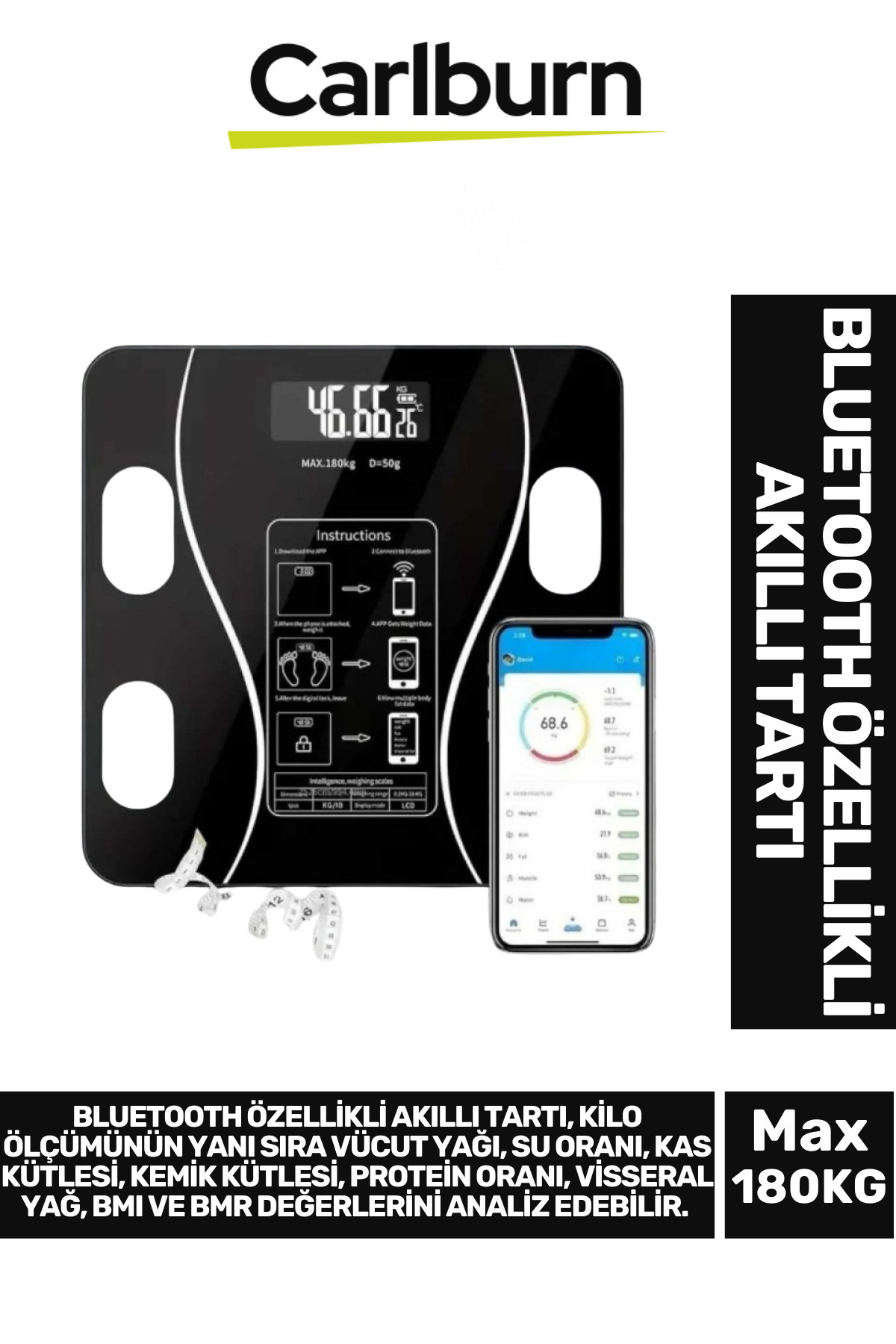 Carlburn Lcd Ekran Kas Kütle Vücut Yağı Kemik Kütle Protein Oranı Ölçer Bluetooth Özellikli Akıllı Tartı
