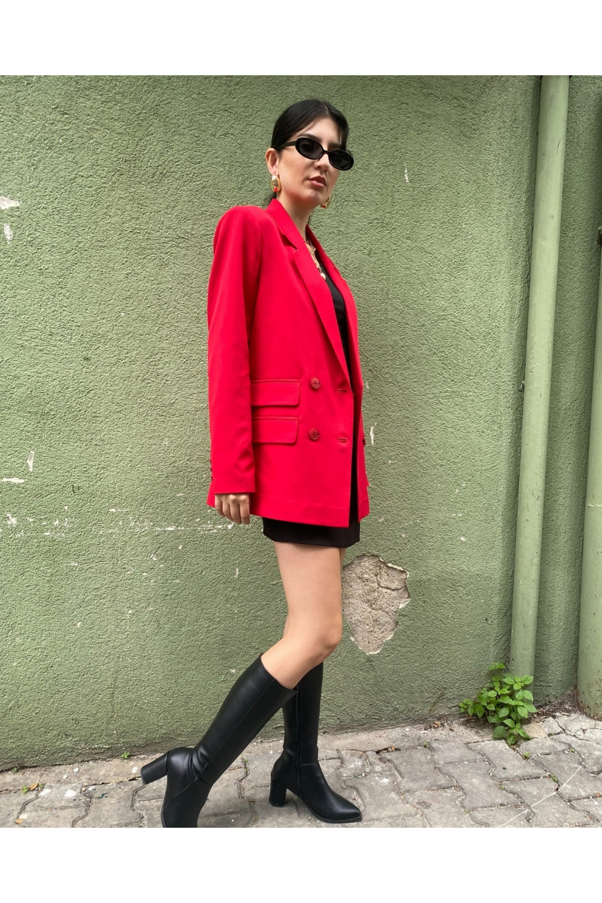 Kadın Kırmızı Kruvaze Oversize Blazer Ceket Düğme Detaylı