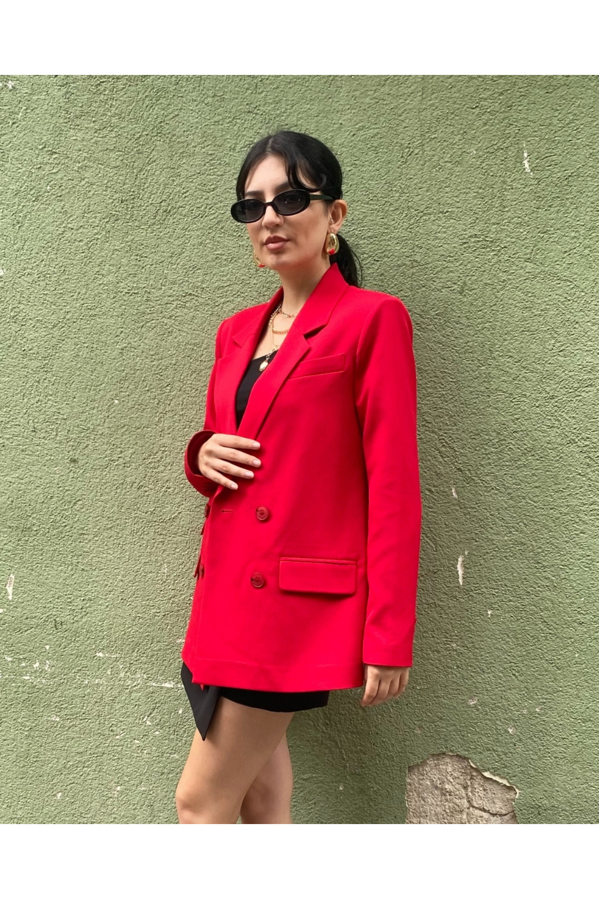 Kadın Kırmızı Kruvaze Oversize Blazer Ceket Düğme Detaylı