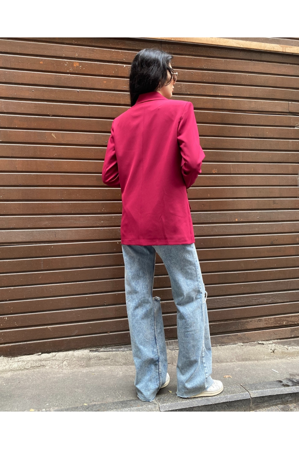 Kadın Mürdüm Kruvaze Oversize Blazer Ceket Düğme Detaylı