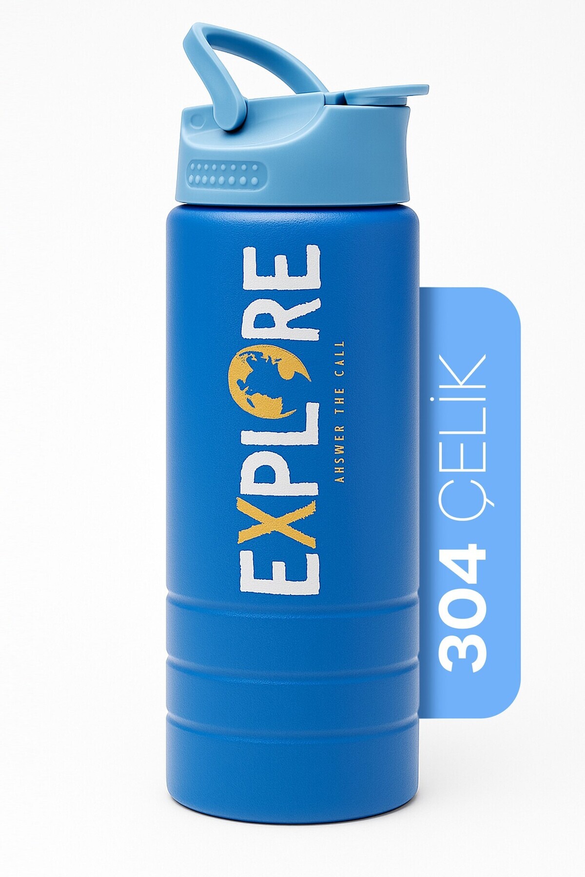 Venenon Çelik Matara Pipetli 304 Paslanmaz Çelik Motivasyon Matarası Suluğu Suluk Mavi 750 ml 1156