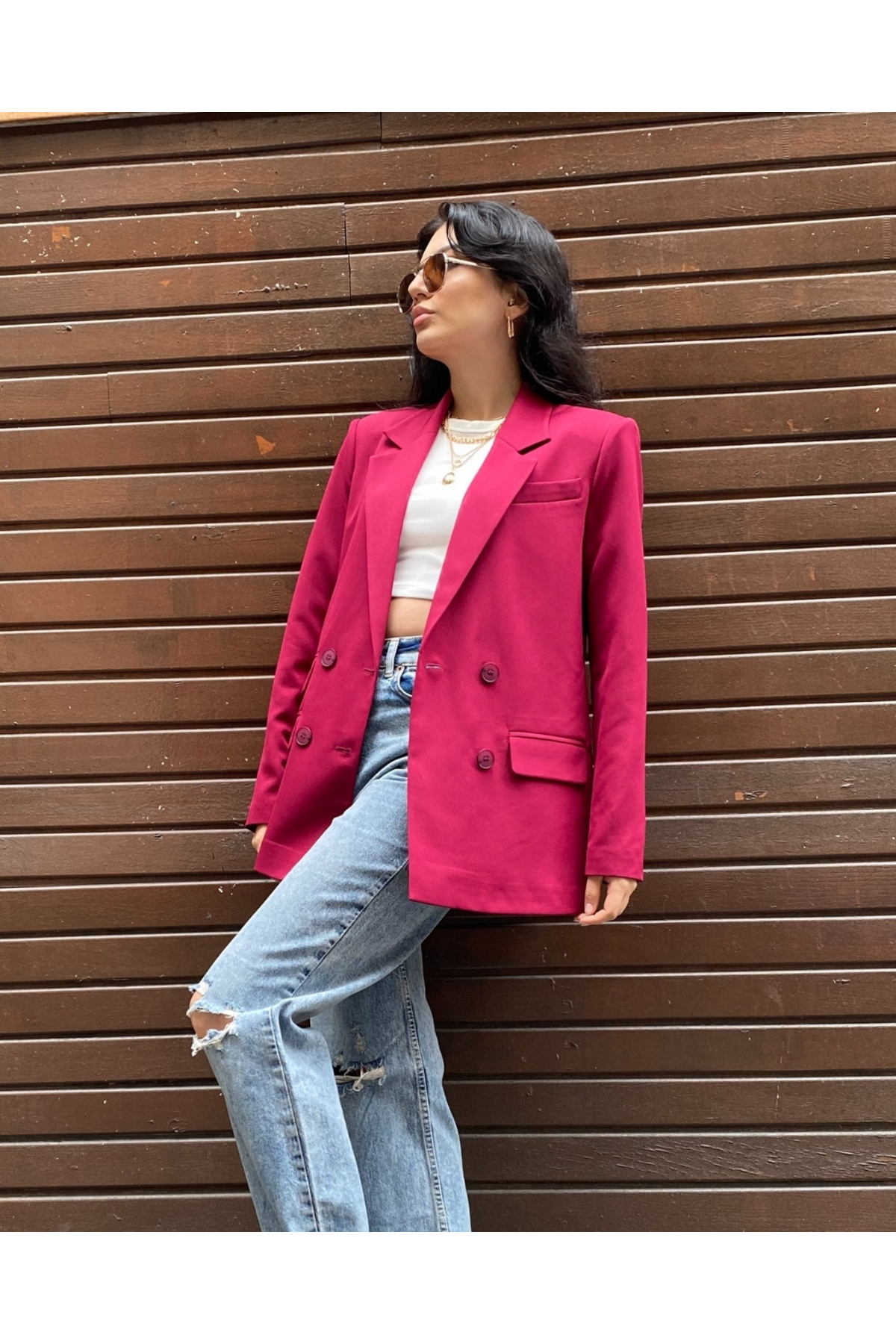 Kadın Mürdüm Kruvaze Oversize Blazer Ceket Düğme Detaylı