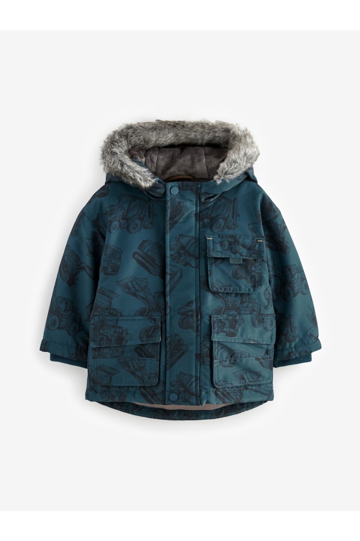 Next Baby Navy Blue Construction Machinery Patterned Hooded Water-Resistant Coat fotoğrafı 3 (önizleme)