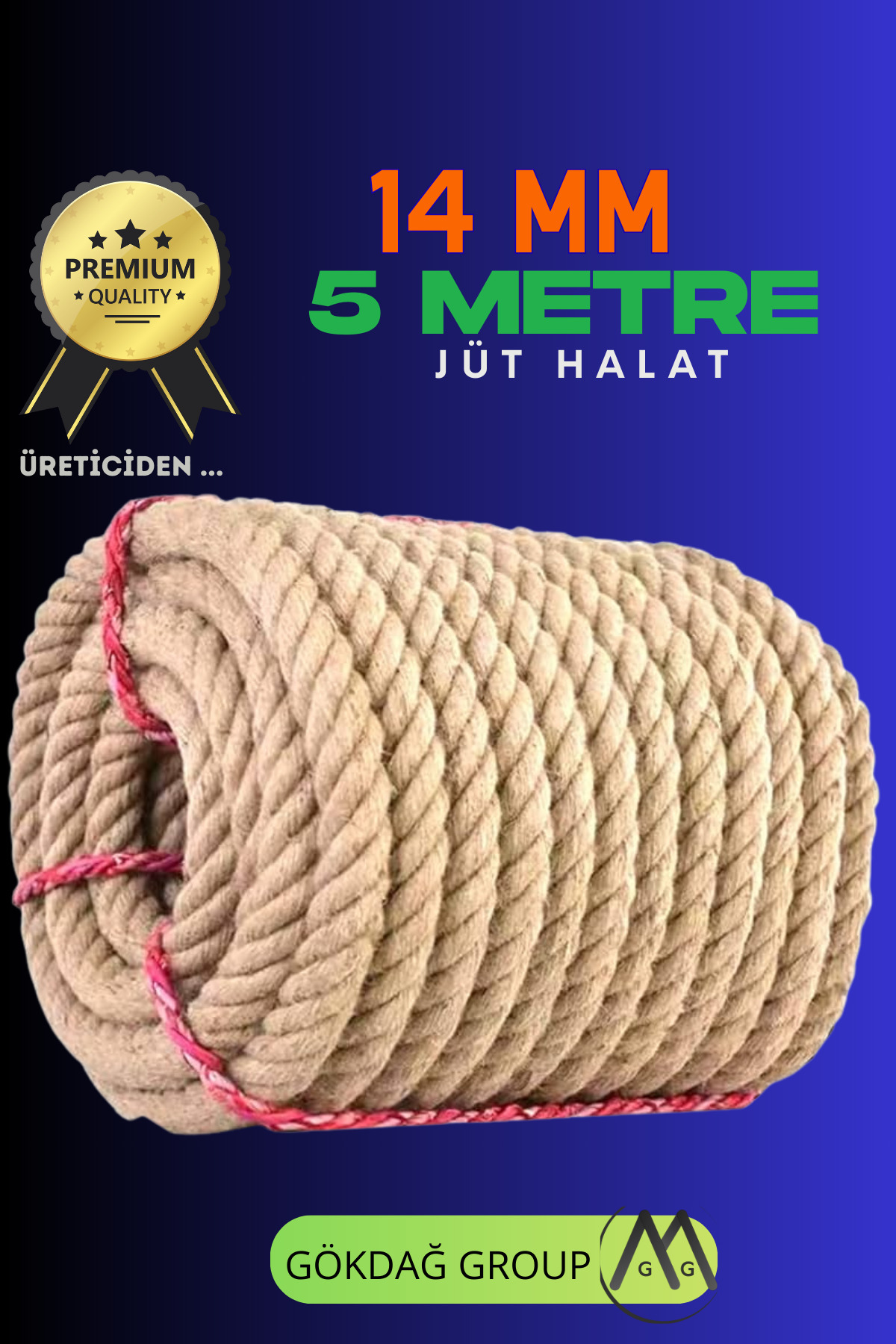 GÖKDAĞ GROUP 14 MM 5 Metre Jüt Halat Dekoratif Hasır İp Urgan Maket