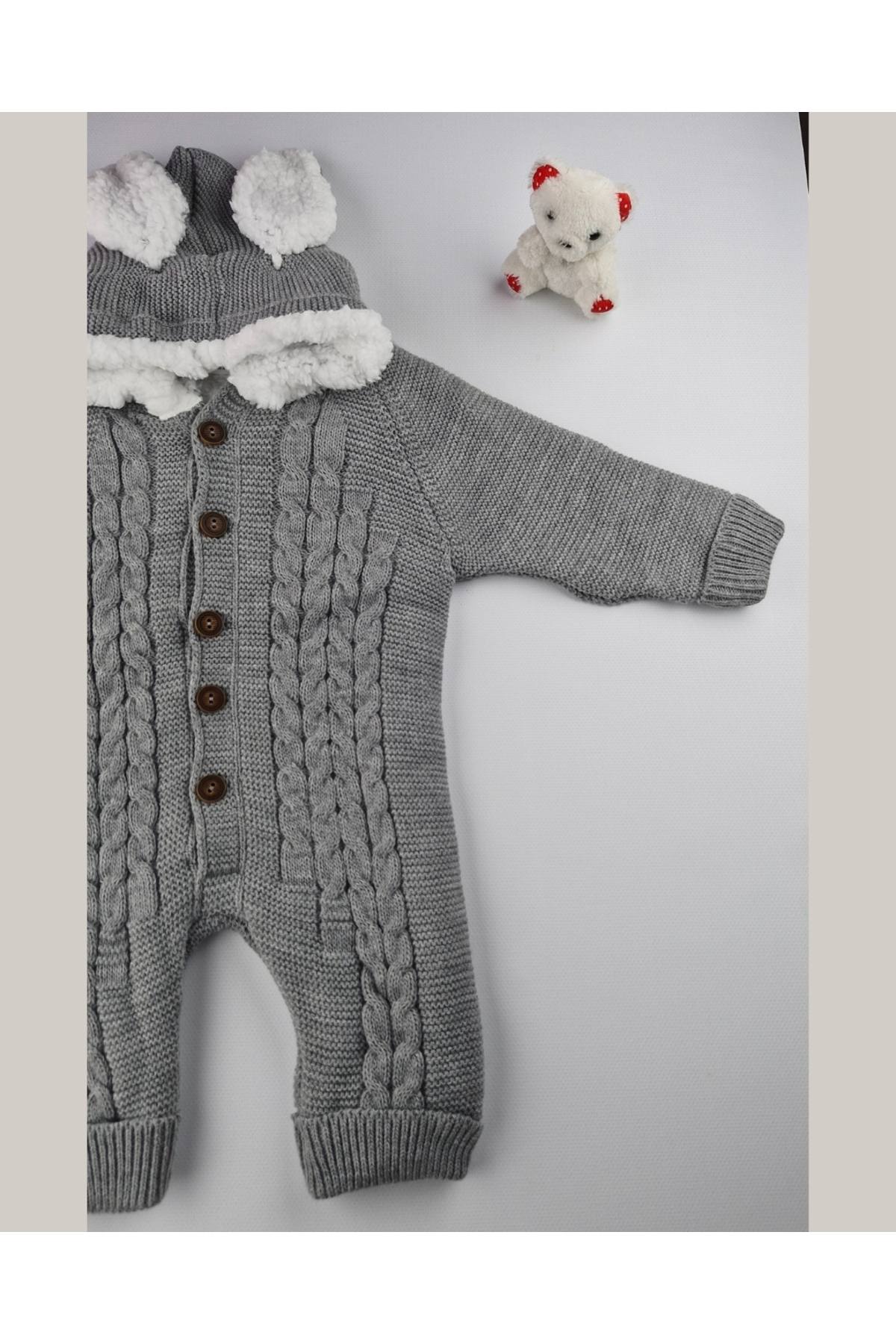 asliva Bebek Triko Tulum – Kapüşonlu Kulak Detaylı Peluş Astarlı Kışlık Bebek Tulumu 6-24 ay fotoğrafı 5 (önizleme)