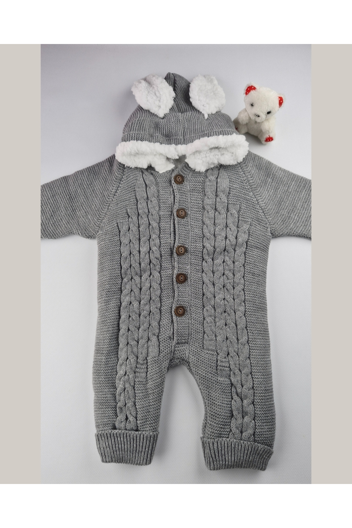 asliva Bebek Triko Tulum – Kapüşonlu Kulak Detaylı Peluş Astarlı Kışlık Bebek Tulumu 6-24 ay fotoğrafı 3 (önizleme)