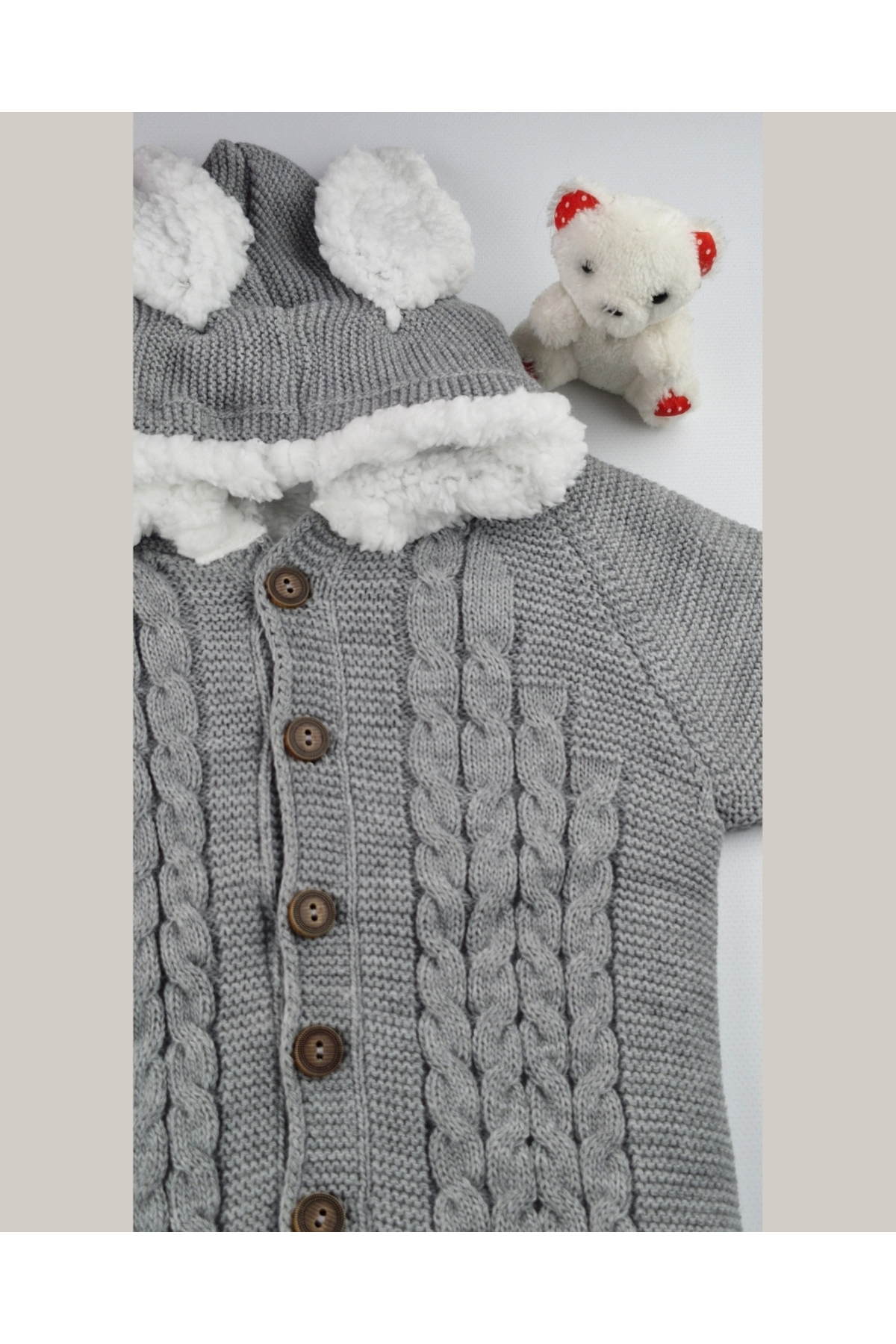 asliva Bebek Triko Tulum – Kapüşonlu Kulak Detaylı Peluş Astarlı Kışlık Bebek Tulumu 6-24 ay fotoğrafı 4 (önizleme)