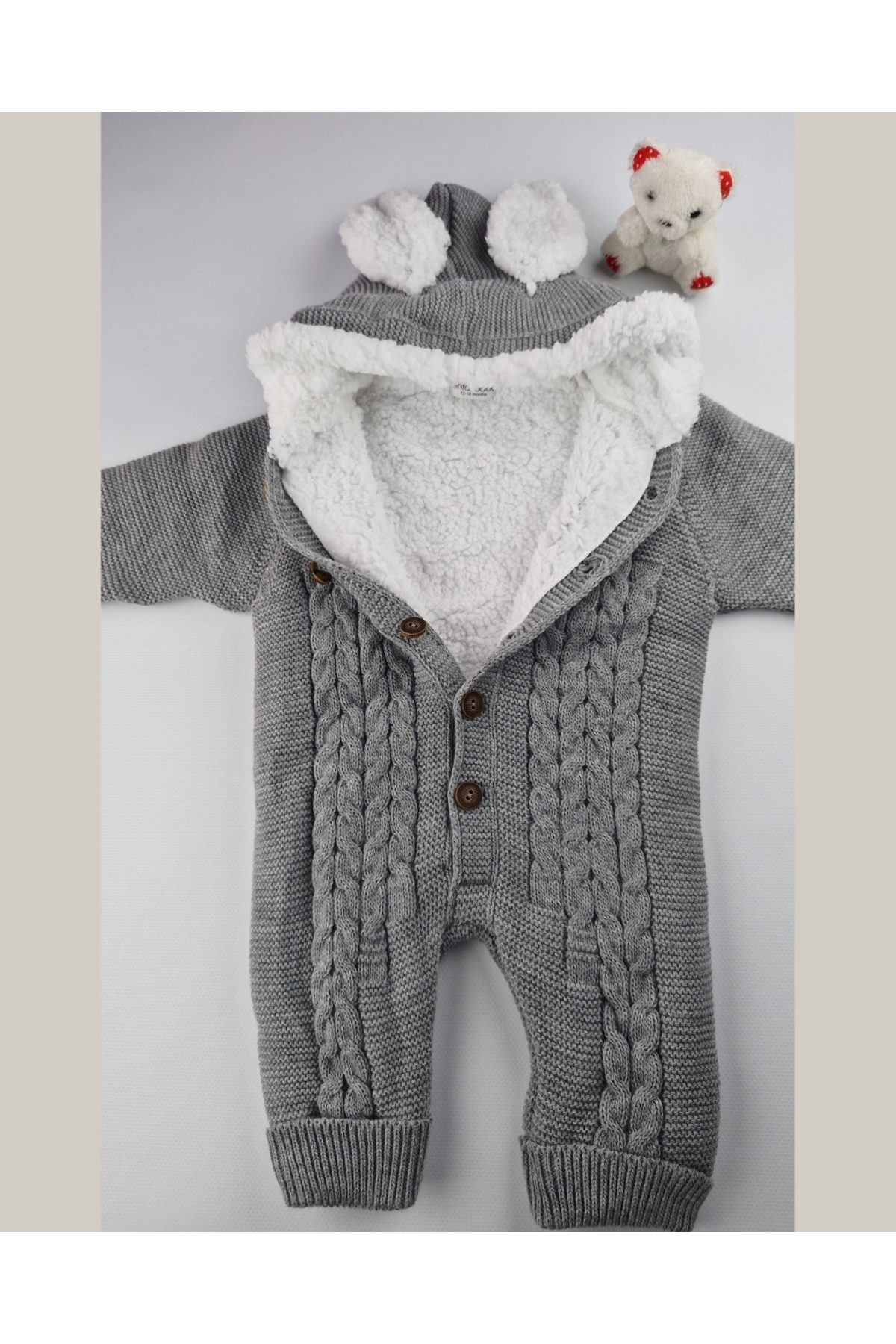 asliva Bebek Triko Tulum – Kapüşonlu Kulak Detaylı Peluş Astarlı Kışlık Bebek Tulumu 6-24 ay fotoğrafı 6 (önizleme)