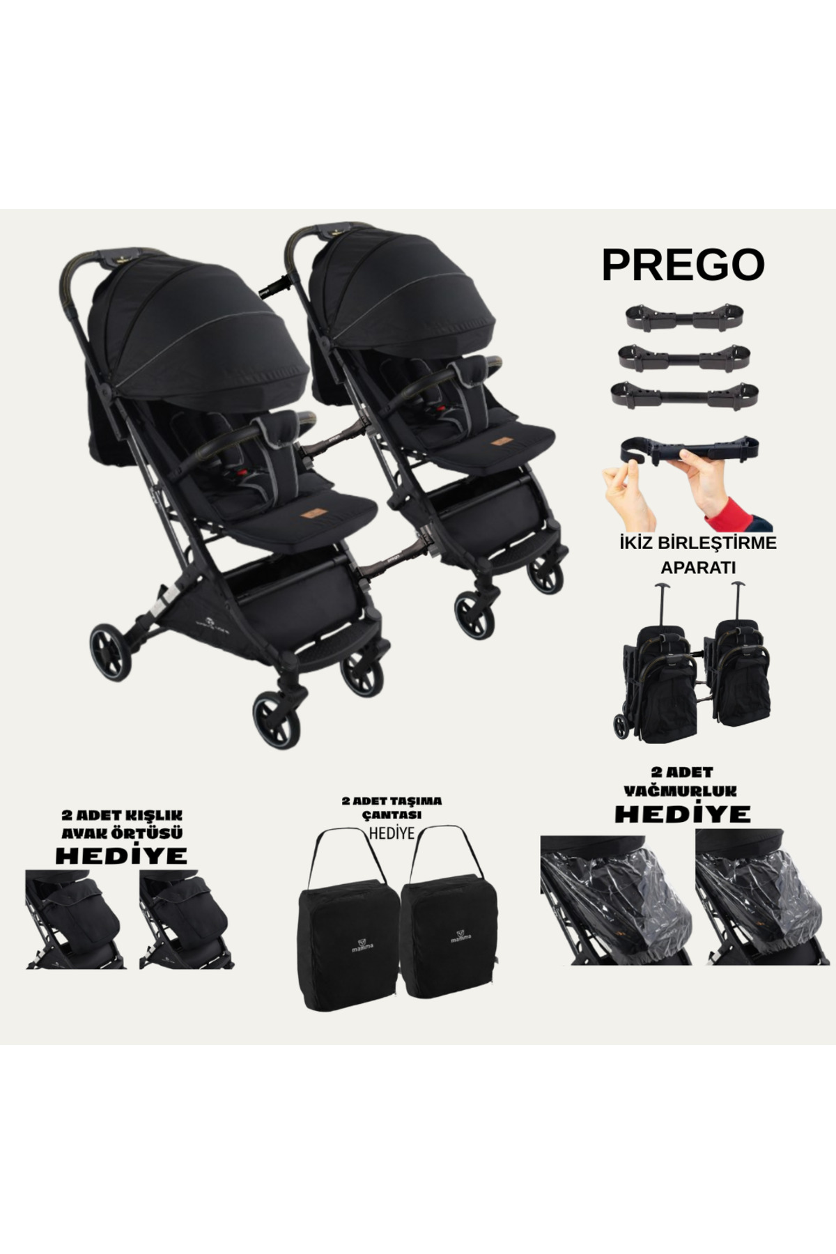 TURHAN BEBE Prego Yan Yana Birleştirmeli Kabin Boy İkiz Bebek Arabası Ayak Örtüsü + Yağmurluk +Taşıma Çanatası fotoğrafı 3 (önizleme)