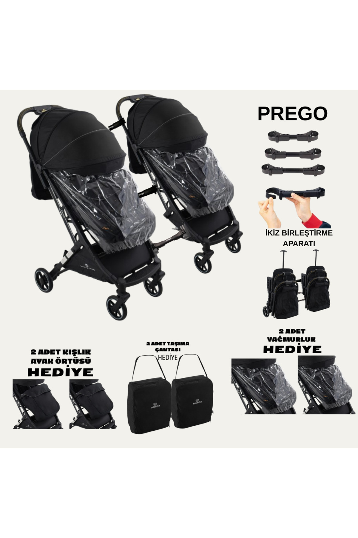 TURHAN BEBE Prego Yan Yana Birleştirmeli Kabin Boy İkiz Bebek Arabası Ayak Örtüsü + Yağmurluk +Taşıma Çanatası fotoğrafı 2 (önizleme)