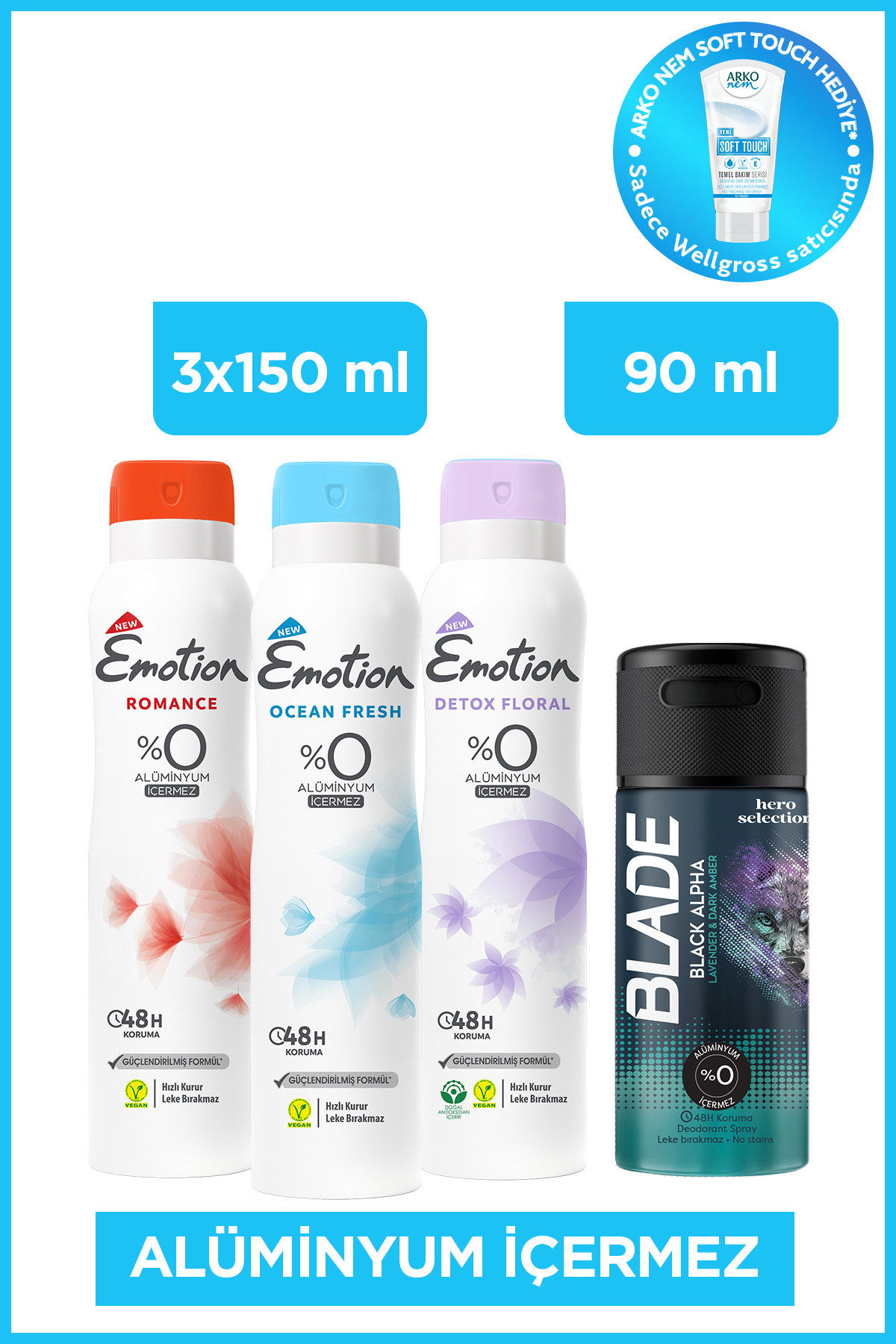 Emotion Detox Floral+Ocean Fresh+Romance Deodorant 3x150 Ml & Blade Black Alpha Deodorant 90 Ml