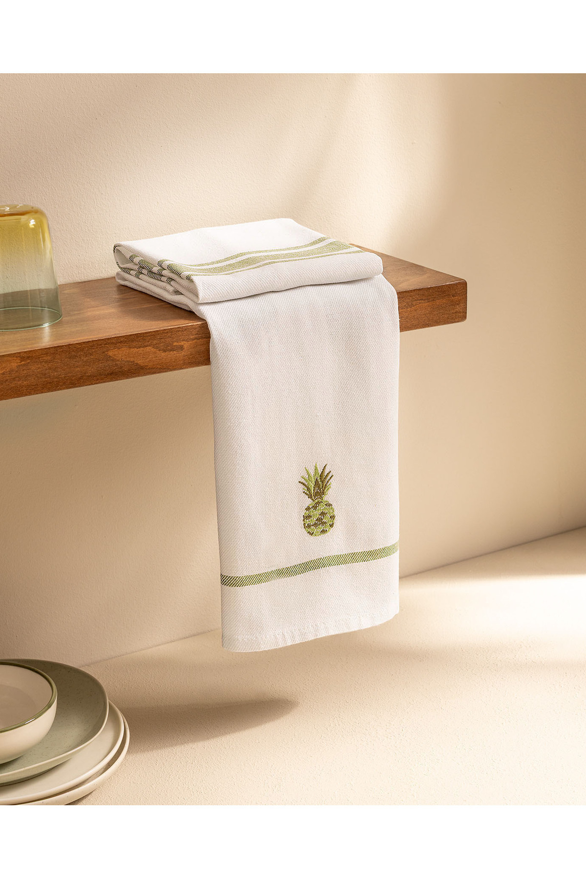 Madame Coco Grenade Nakışlı 2'li Pamuklu Kurulama Bezi - Beyaz/Yeşil