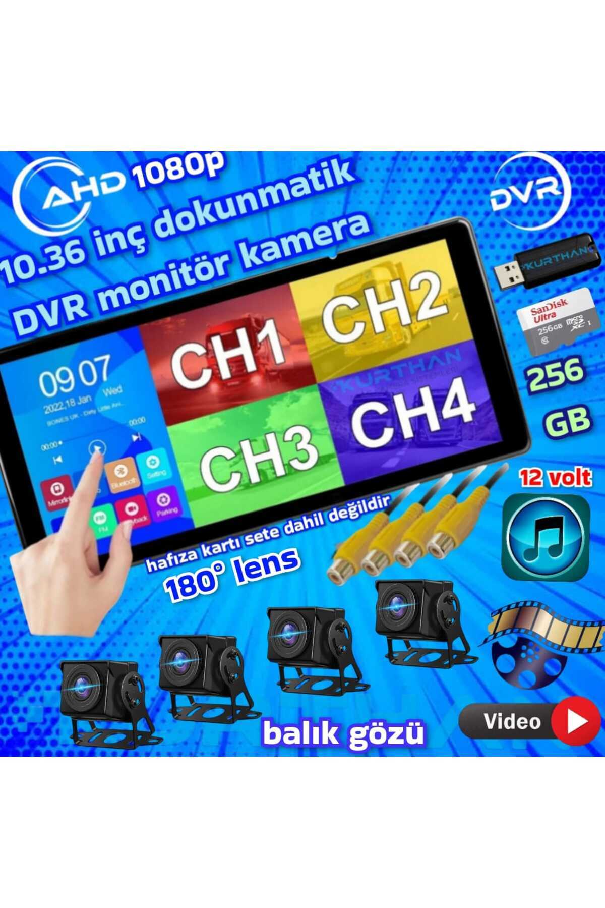 Twogo 4 ADET AHD 180 DERECE KAMERA DVR VİDEO MÜZİK DOKUNMATİK MONİTÖR 12 V