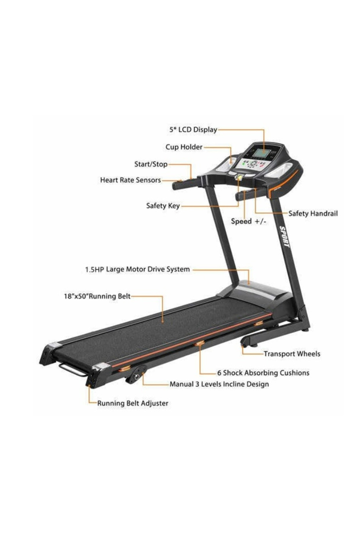 سير كهربائي ممتص للصدمات ومحرك 2 حصان، مساحة جري 42*120 سم,3 مستويات انحدار،يتحمل 120كجم, 5050A