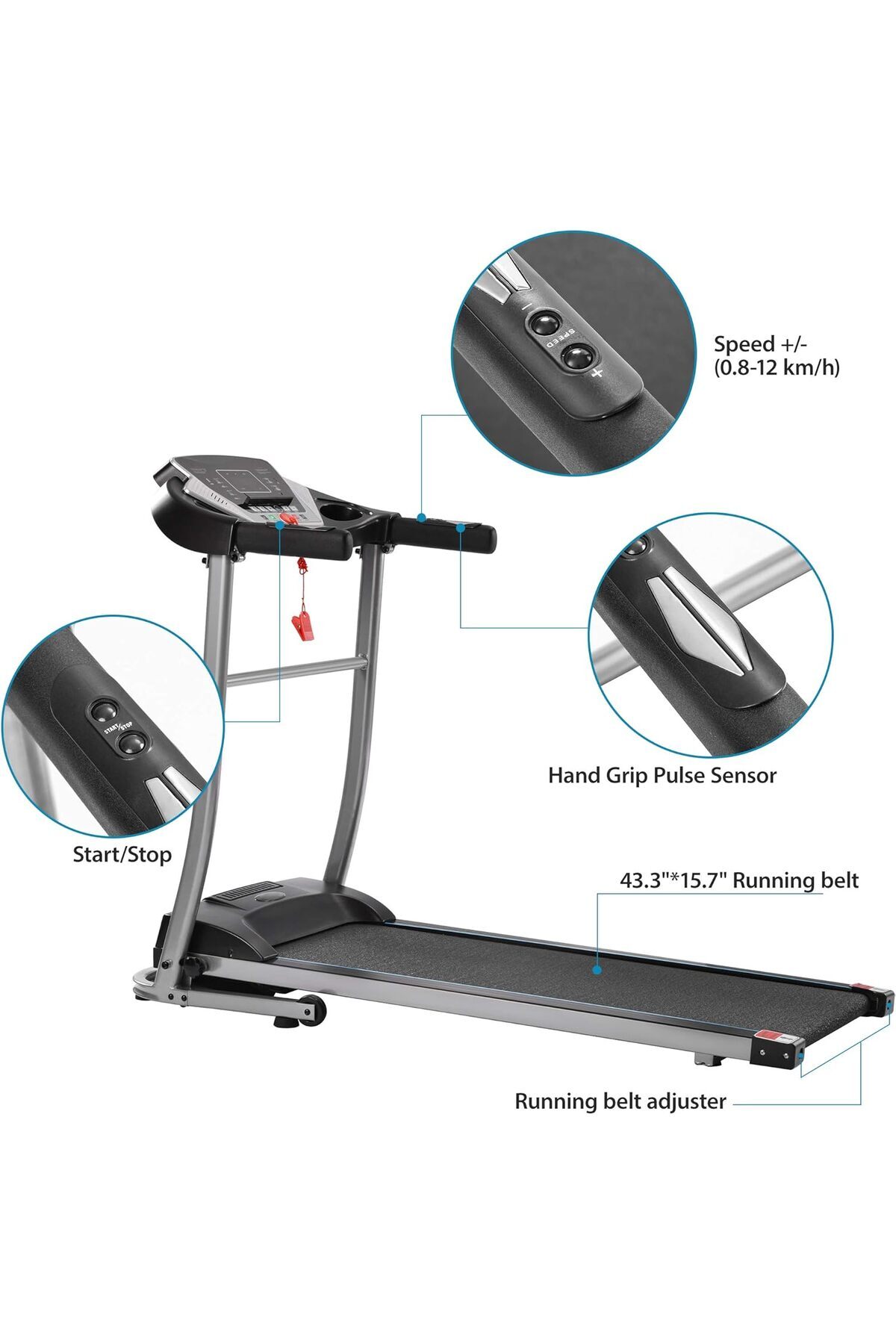 سير كهربائي مع مساج للخصر ومحرك 1.5 حصان، مساحة جري 40*110 سم,3 مستويات انحدار،يتحمل 90كجم, 6069D