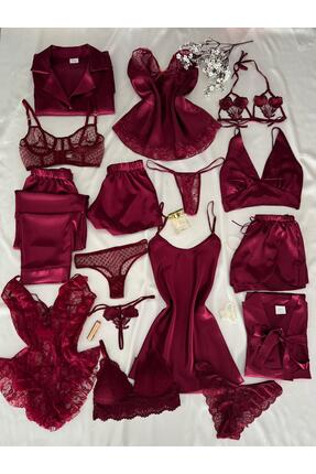 MH Moony Homewears Kutulu 16 Parça Mudodo Bordo Saten Pijama Gecelik Sabahlık...