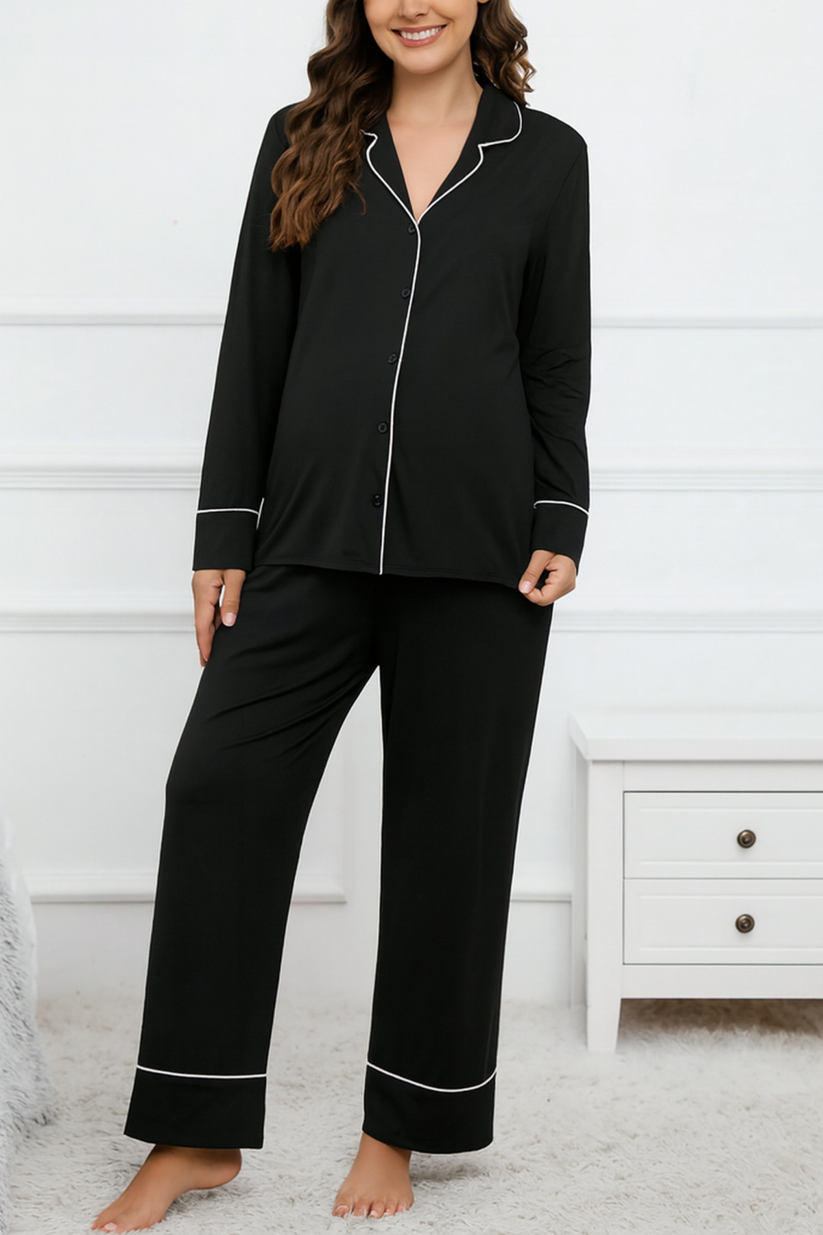 Miss Dünya Lissa Gömlek Yaka Önden Düğmeli Uzun Kol Rahat Form Hamile ve Lohusa Pijama Takımı fotoğrafı 2 (önizleme)
