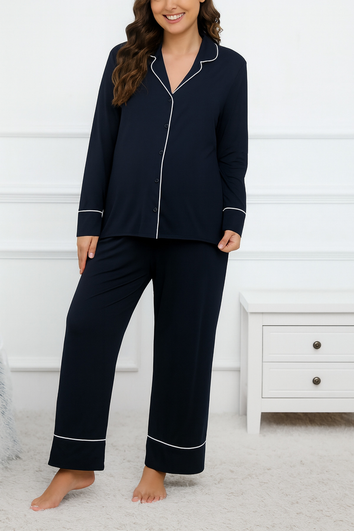 Miss Dünya Lissa Gömlek Yaka Önden Düğmeli Uzun Kol Rahat Form Hamile ve Lohusa Pijama Takımı fotoğrafı 5 (önizleme)