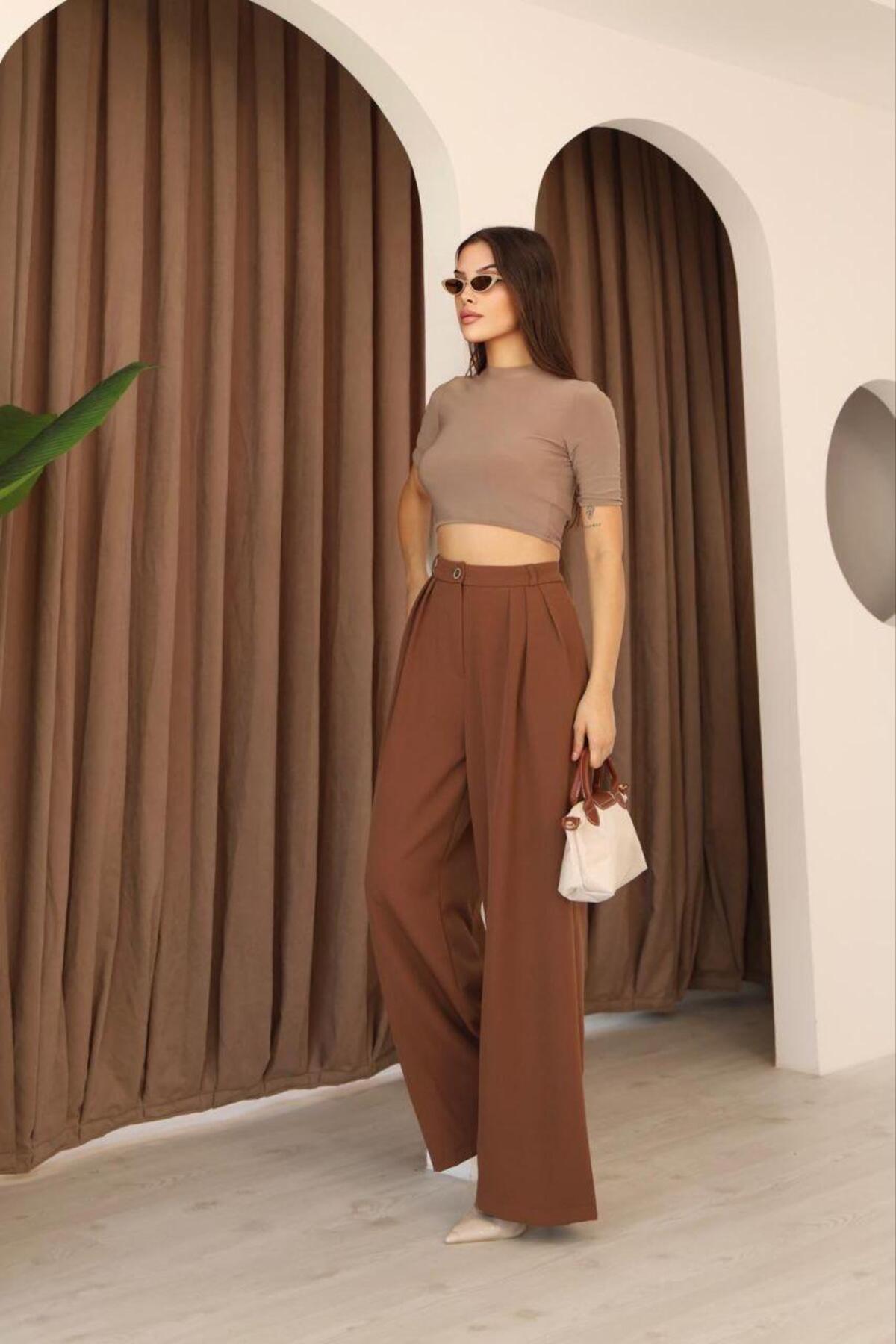 polle  Kadın Kahverengi Pileli Yüksek Bel Palazzo Pantolon - Görsel 3