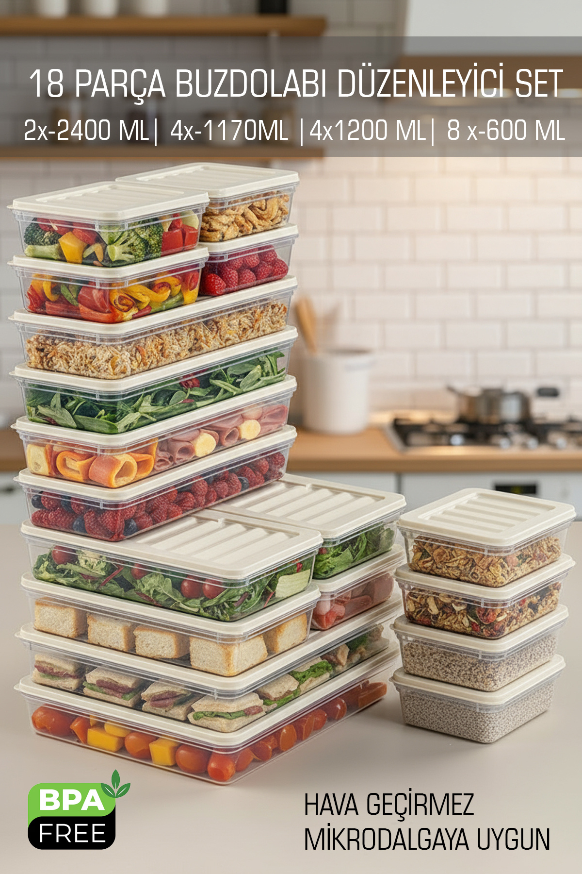 FİTHOME 18 Parça Buzdolabı ve Derin Dondurucu Düzenleyici Dolap İçi Organizer Set Mikrodalga Uygun