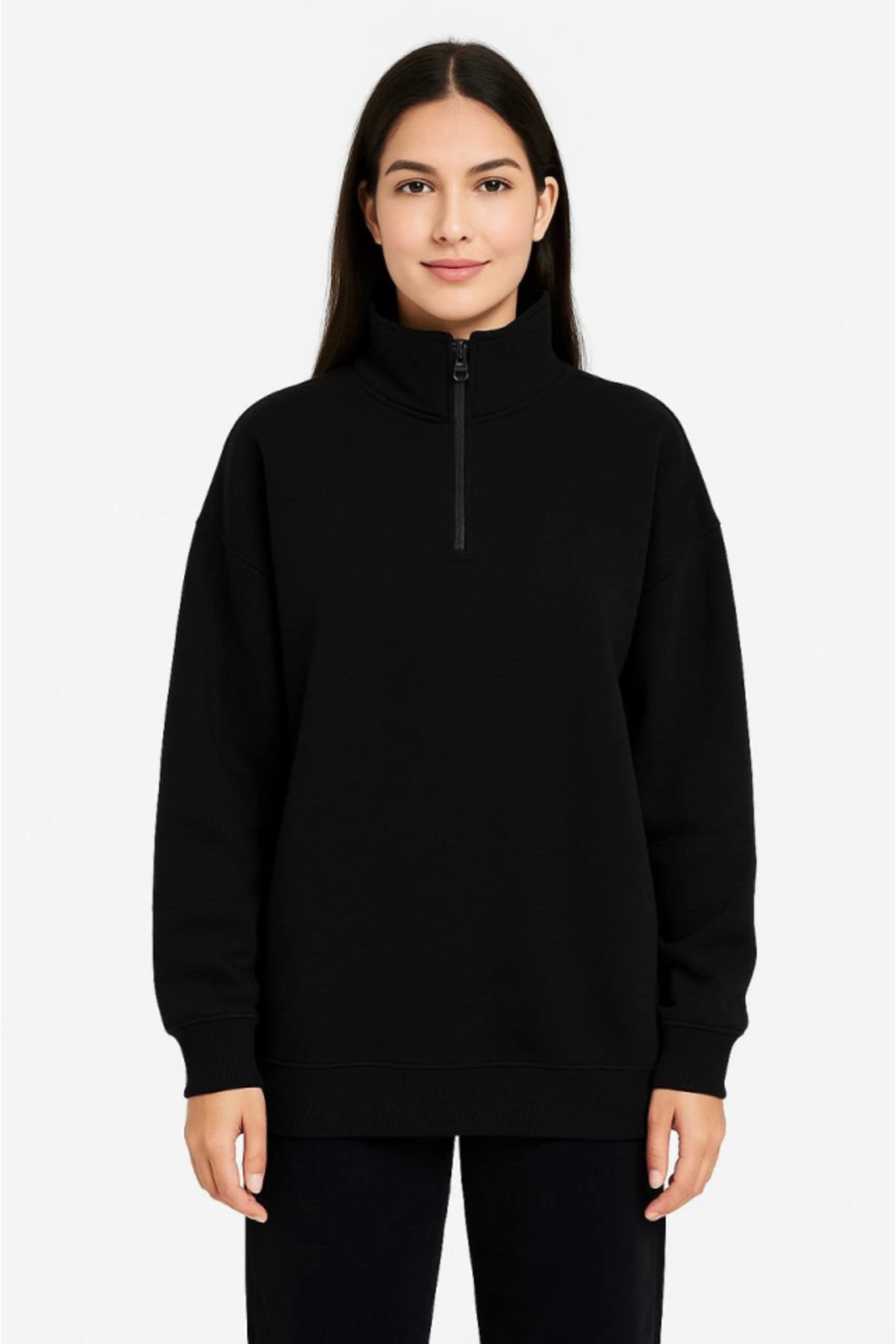Üç İplik Dık Yaka Yarım Fermuarlı SweatShirt - Siyah