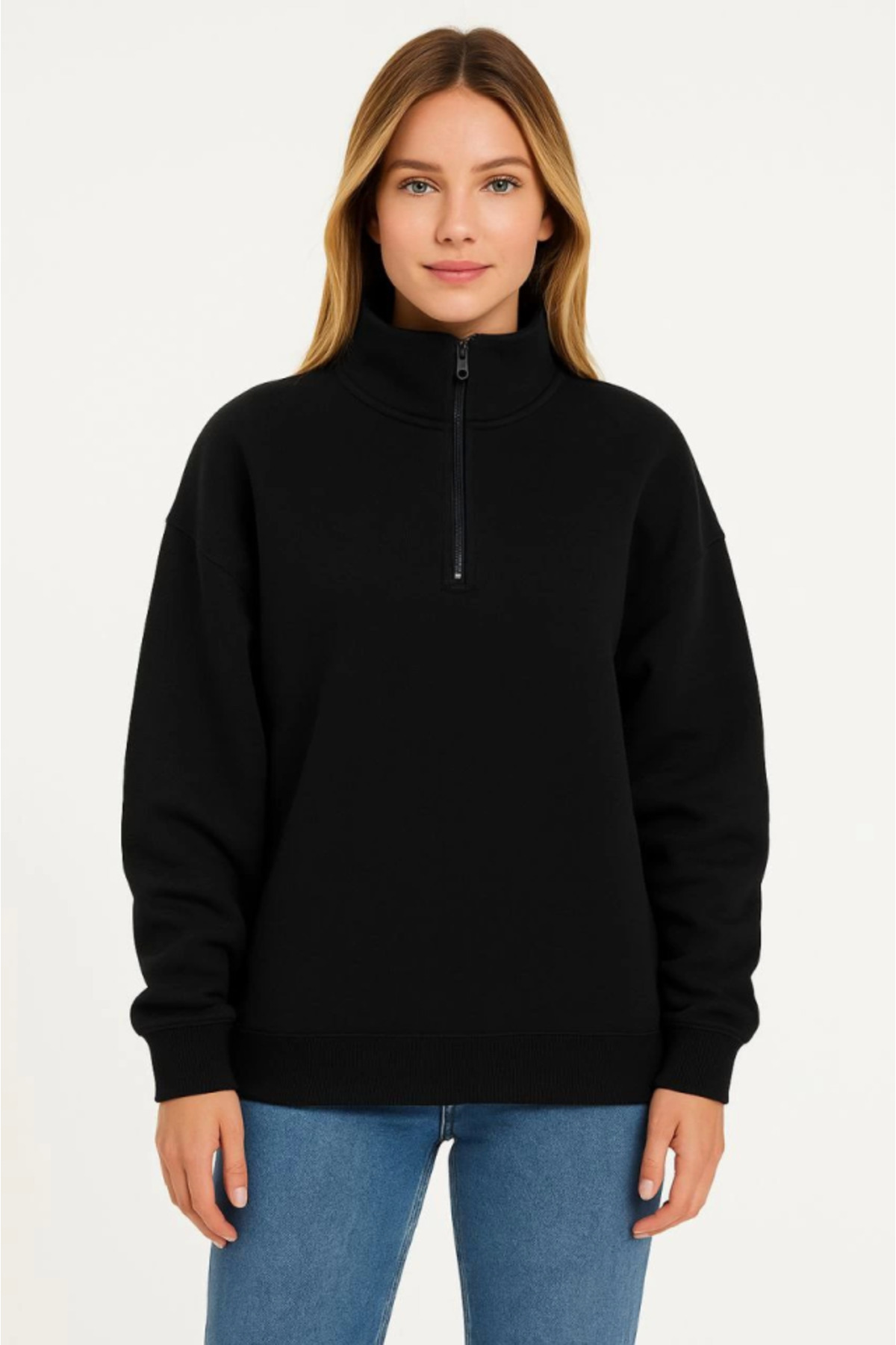 Üç İplik Dık Yaka Yarım Fermuarlı SweatShirt - Siyah