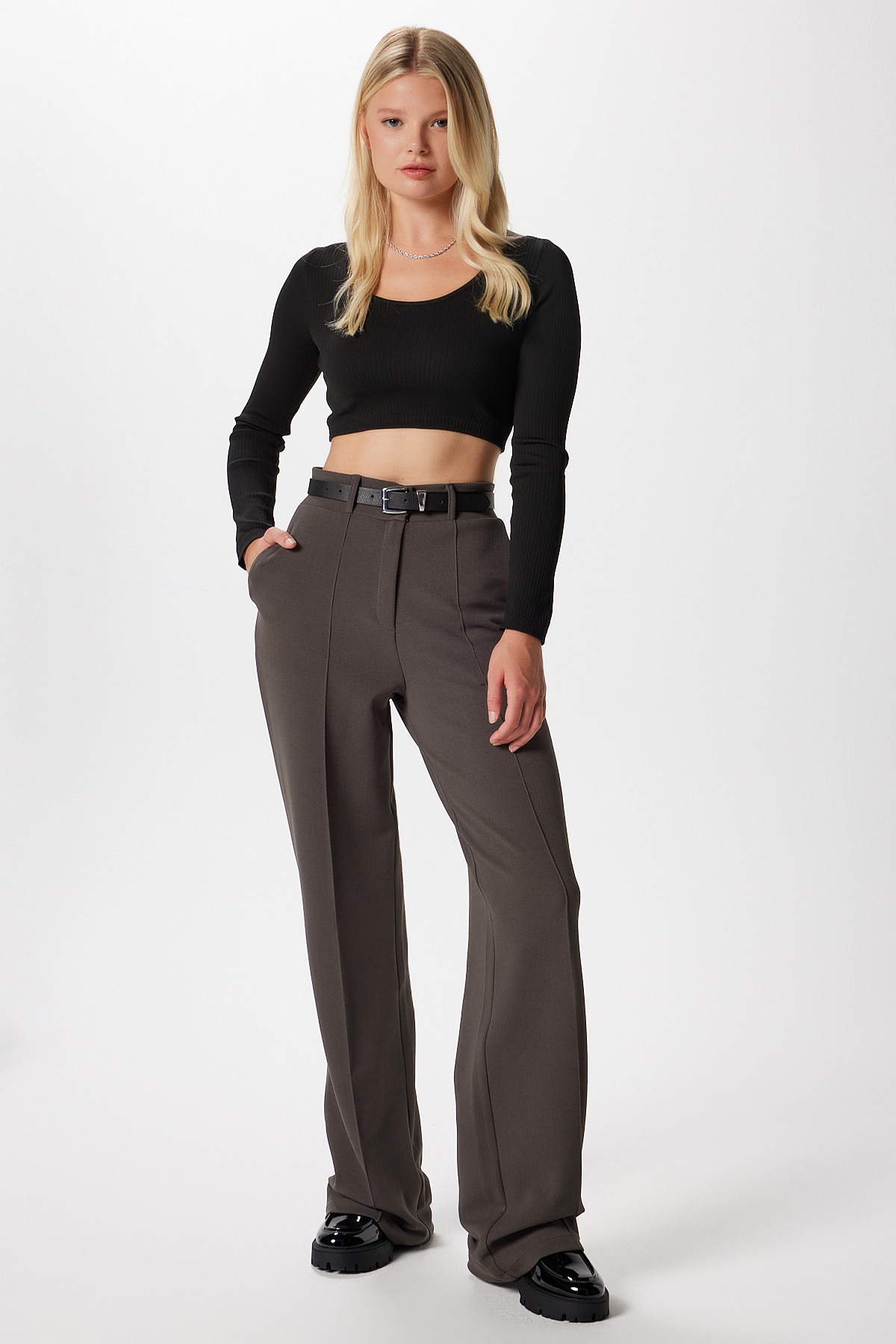 Ritnice  Likra Serisi Lift Süs Dikişli Esnek Antrasit Palazzo Pantolon - Görsel 6