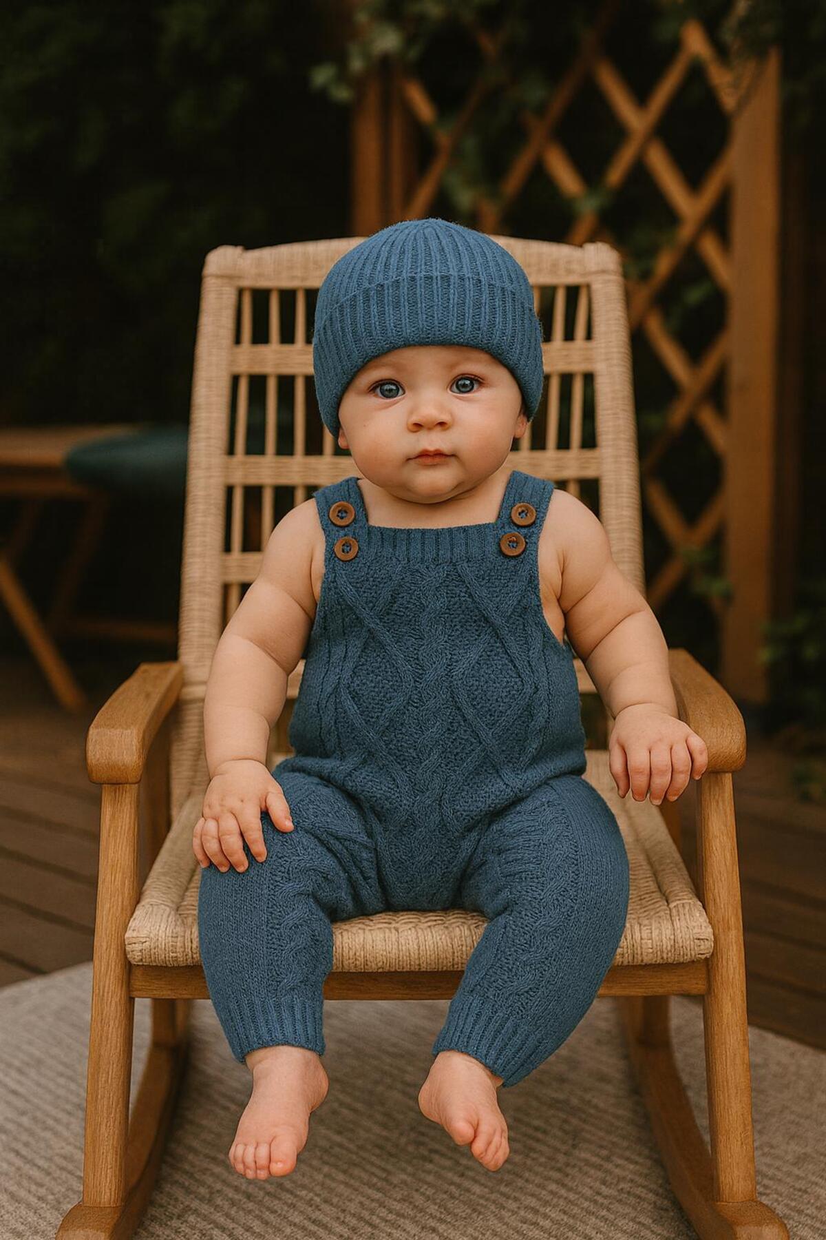 meriç bebe - bütün çocuklar melektir. mrc Kız Erkek Bebek Ayarlanabilir Askılı Baklava Desenli Bereli Triko Salopet Takımı fotoğrafı 7 (önizleme)